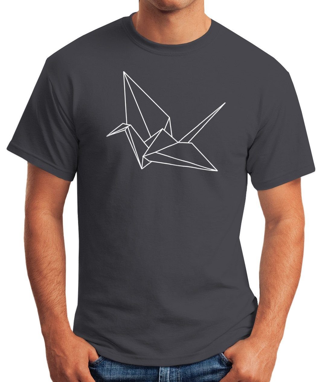 mit Bird Kranich Crane Herren MoonWorks T-Shirt Vogel Print Geometrisch grau Origami Print-Shirt Moonworks®