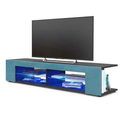 Vladon Lowboard Movie (TV-Kommode, mit 4 offenen Fächern und Zierleisten), Schwarz matt/Petrol glänzend, mit Beleuchtung blau (134x29x39 cm)