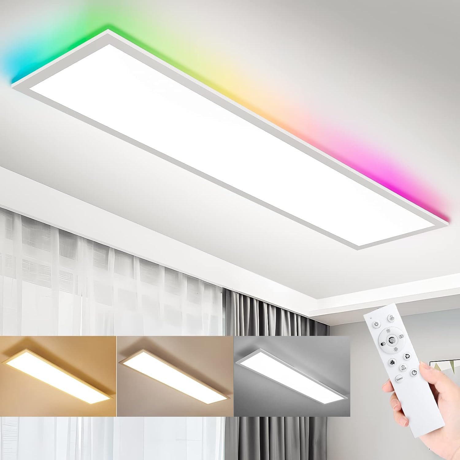 Oraymin LED Panel Dimmbar mit Fernbedienung 120x30CM, 40W RGB Deckenlampe Farbwechsel, RGB, LED fest integriert, 3000K-6500K, Tageslichtlampen, Bürolampe Decke, Küchenlampe Deckenleuchte, 4400LM, RGB-Hintergrundbeleuchtung in 6 Farben, Bürolampe Decke