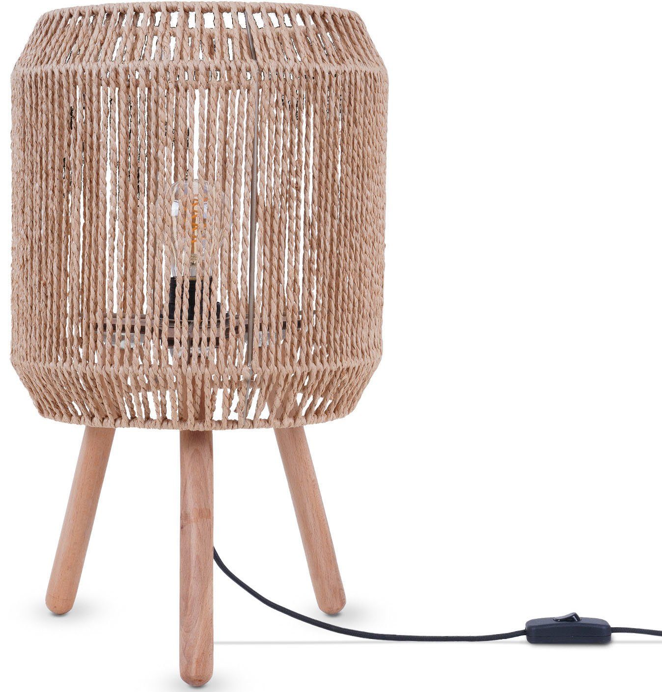 Paco Home Tischleuchte SOL, ohne Leuchtmittel, Boho Deko Lampenschirm Korb Holz E27 braun | Tischlampen