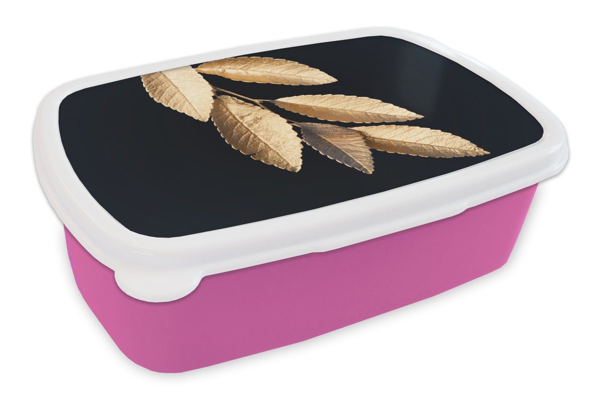 MuchoWow Lunchbox Blätter - (2-tlg), - Kinder, - Schwarz Mädchen, Brotdose Kunststoff Kunststoff, rosa für Brotbox Gold - Pflanzen, Luxus Snackbox, Erwachsene