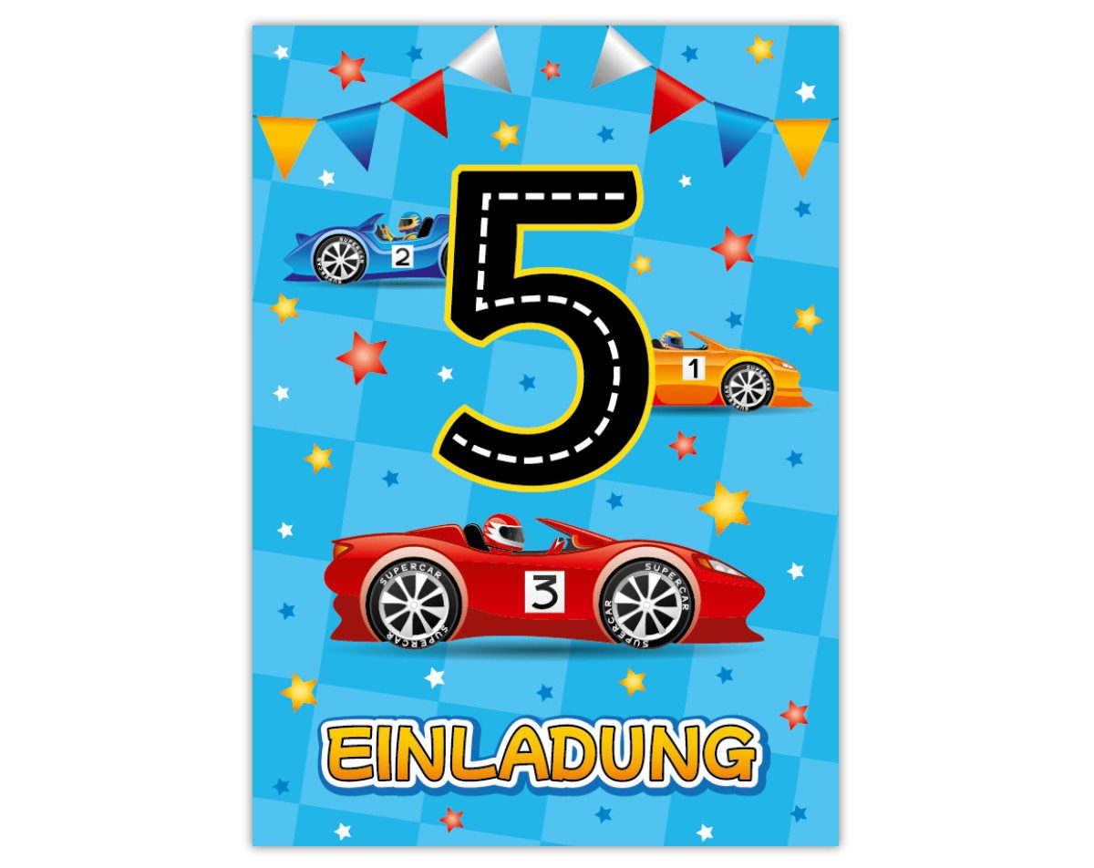 JUNAPACK Einladungskarten Auto zum 5. Kindergeburtstag Jungen Einladungen Rennauto Umschläge, Einladungskarten mit Umschlägen zum 5. Geburtstag Auto – Bild 2 von 5