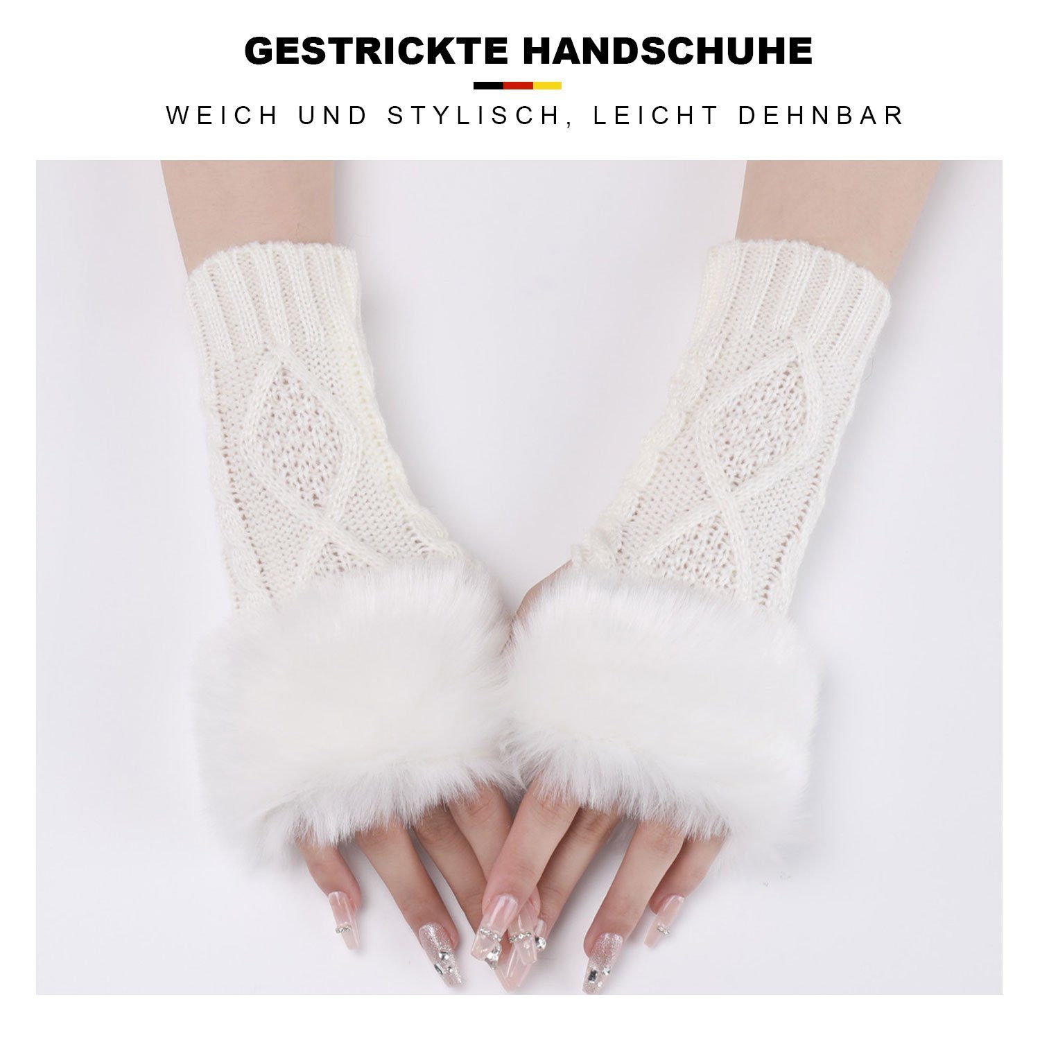 Handschuhe MAGICSHE Gestrickte Weiß Fingerlose Damen Strickhandschuhe Kunstpelz