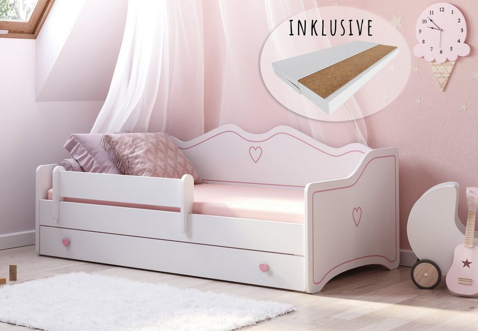Kids Collective Kinderbett »Mädchenbett 80×160 mit Matratze, Rausfallschutz & Schublade«, Jugendbett Made in Europe, mit punktelastischer Matratze…