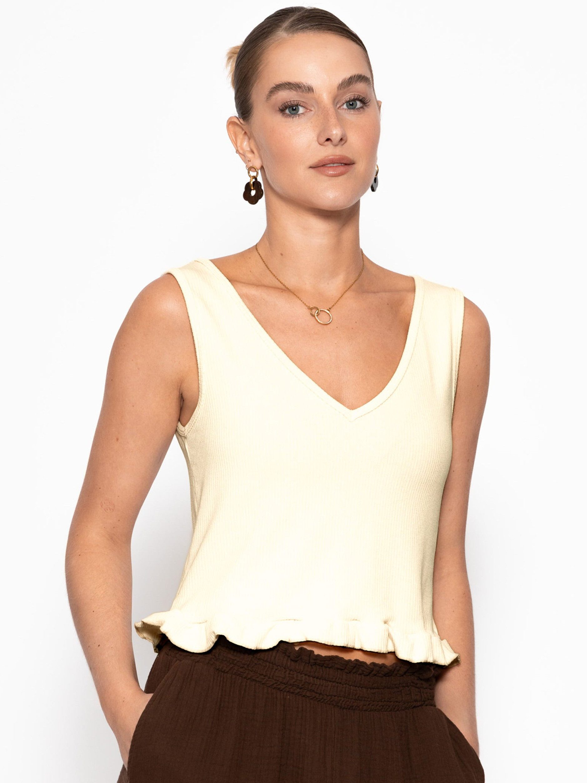 SASSYCLASSY T-Shirt Rüsschentop Damen mit V-Ausschnitt Ärmelloses Top Rüschenabschluss am Saum weiß schwarz rosa buttergelb