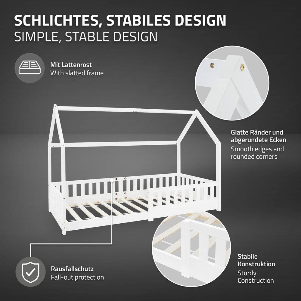 ML-DESIGN Spielbett Hausbett Kinderbett inkl. Lattenrost kreativ Bodenbett für Kinder, Abenteuerbett zum Spielen mit Rausfallschutz Kiefer Weiß Himmelbett – Bild 4 von 5