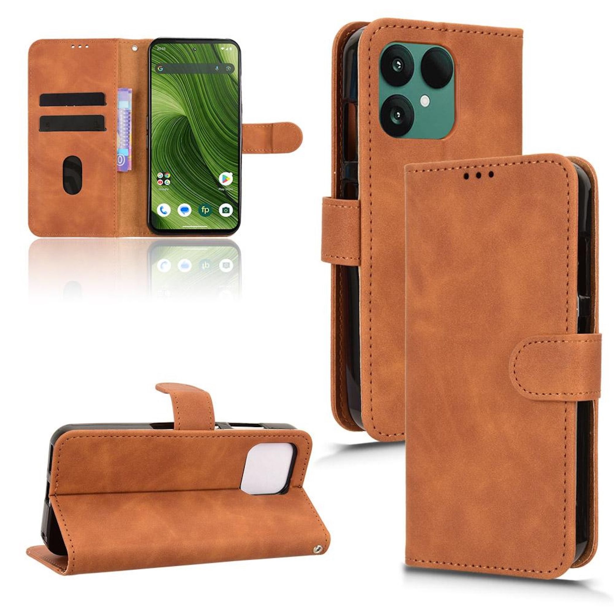 Wigento Smartphone-Hülle Für Fairphone 6 Kunstleder Skin Feel Book Wallet Tasche Hülle Braun, Magnetisch, Kartenhalter, Standfunktion