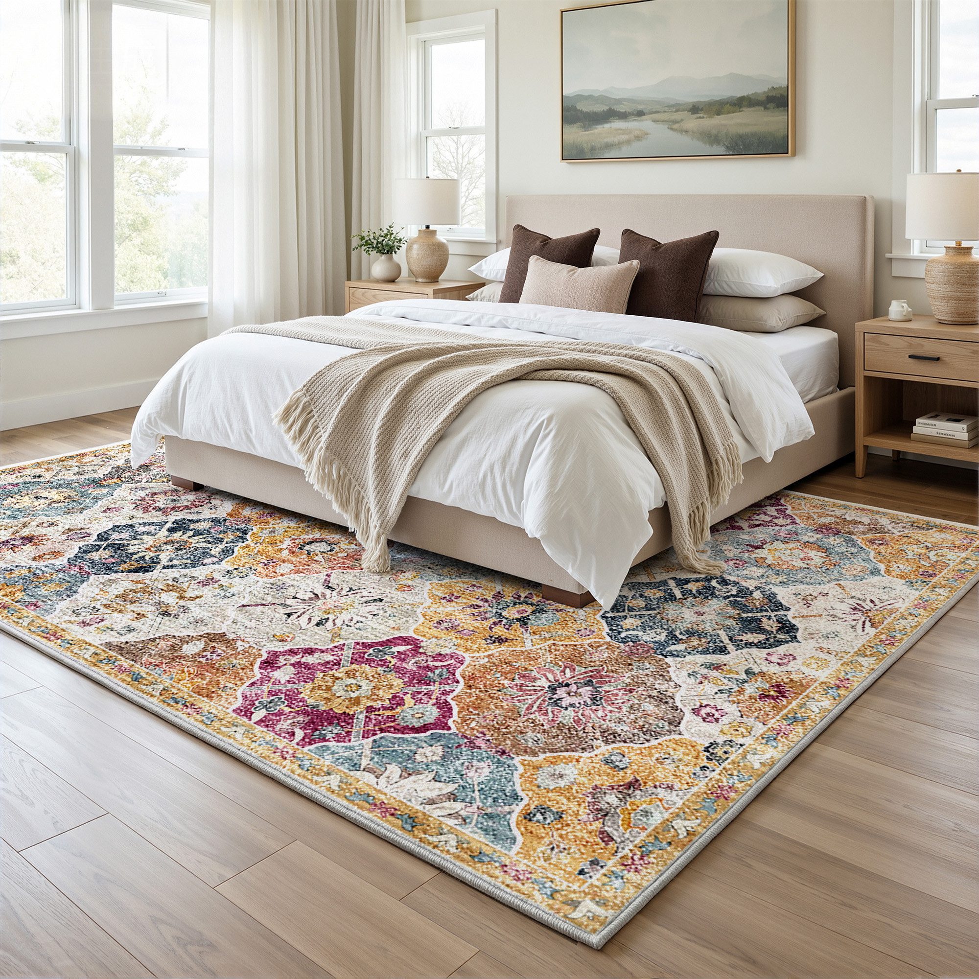 Klyvvo Teppich Boho Retro Kurzflor Teppich mit Blumenmuster rechteckig, Höhe: 8.5 mm, Rechteckig, hohe Flordichte, weich, Maschinwaschbar mit Rutschfester TPE-U – Bild 3 von 5