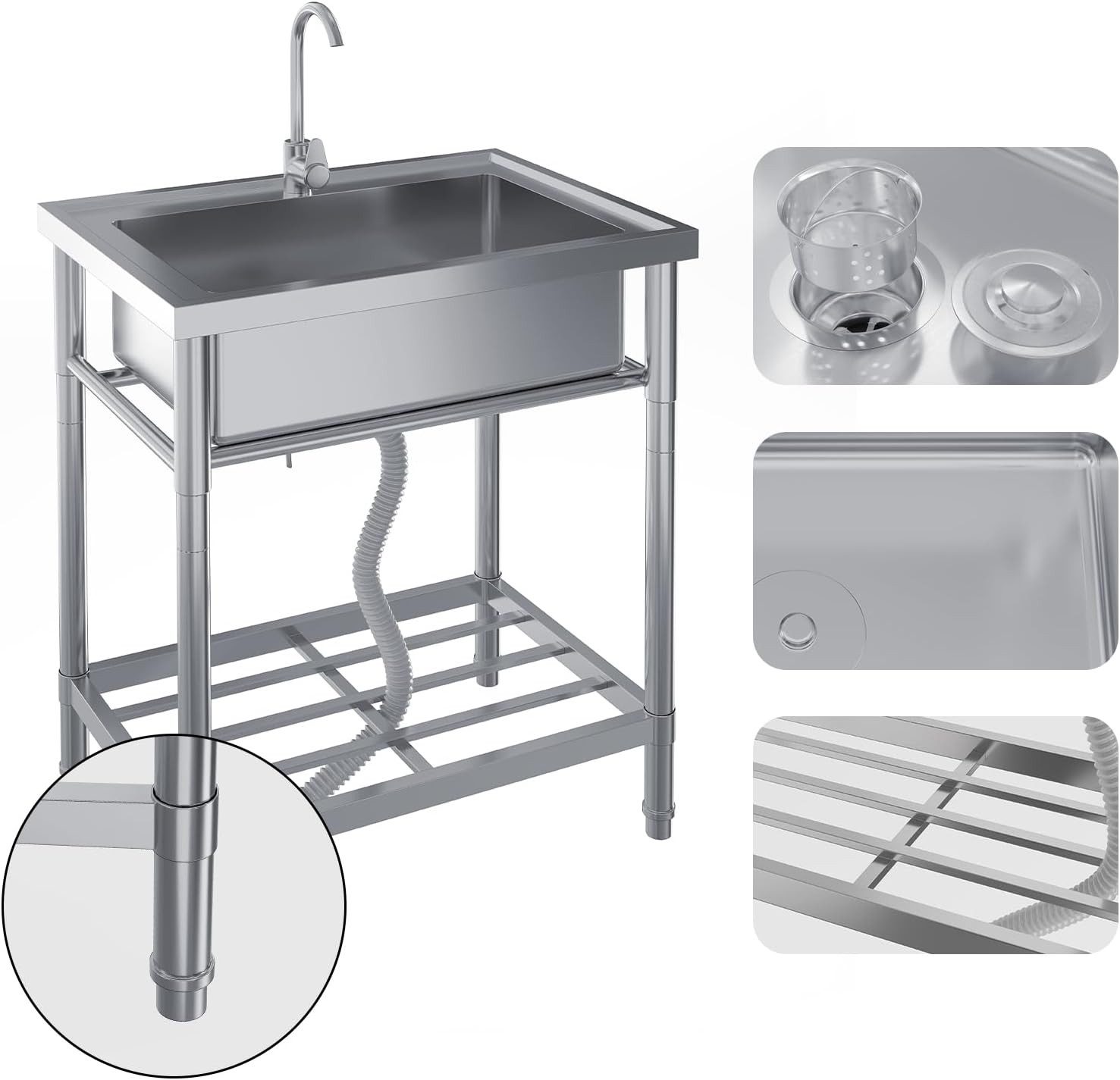 GarveeMore Küchenspüle Freistehende 1 Becken,71x51x86cm Gewerbliche Edelstahl Spülbecken, Edelstahl Spültisch Mit Wasserhahn Kalt Und Warmwasserschläuchen – Bild 5 von 5