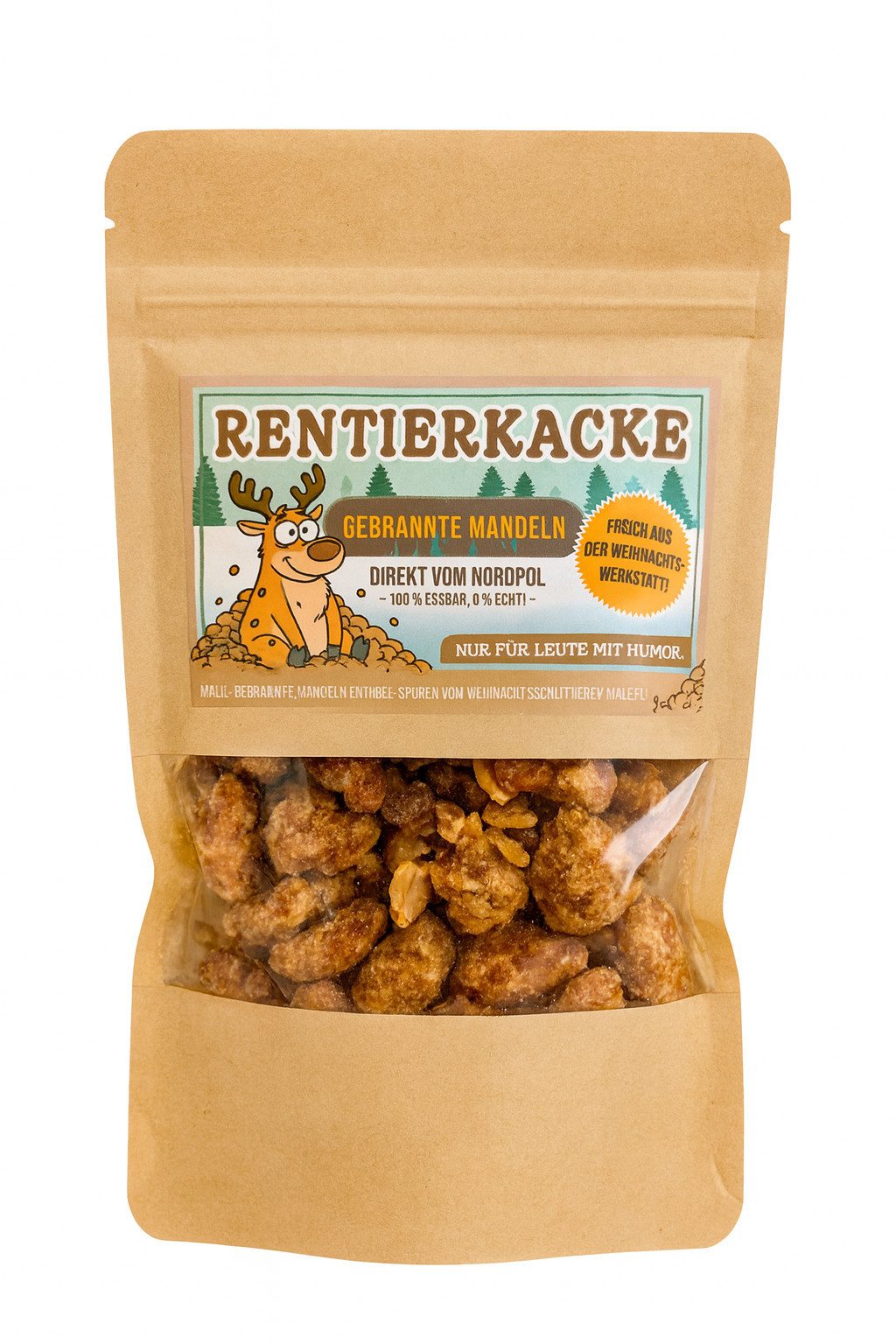 Deggelbam Nüsse Rentierkacke - Gebrannte Mandeln, 1 x 100 g, (Wichtelgeschenk, Weihnachtsgeschenk, Nikolausgeschenk), Witzige Geschenkidee für groß und klein