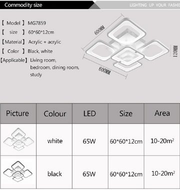 Daskoo Deckenleuchten 65W Quadrat Moderne LED Deckenlampe mit Fernbedienung Wohnzimmer, LED fest integriert, Warmweiß/Neutralweiß/Kaltweiß, Deckenleuchte, stufenlos dimmbar