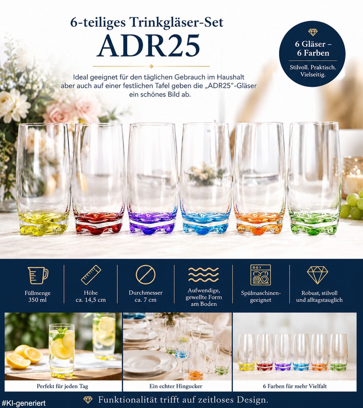 LAV Gläser-Set 6x Trinkgläser / Saftgläser / Wassergläser / Longdrinkgläser, 6-tlg., Füllmenge 350ml / 6 verschiedene Farben