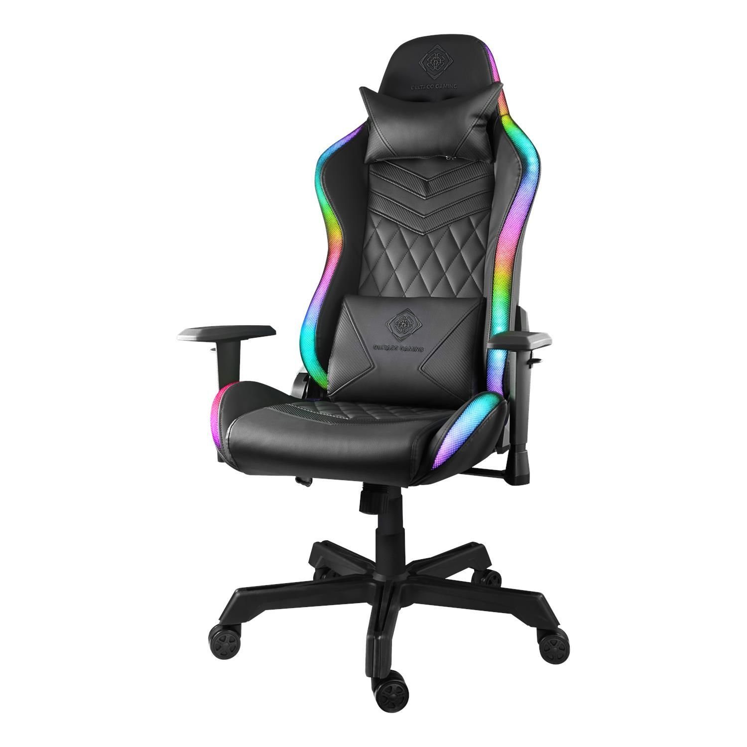 DELTACO Gaming-Stuhl Gaming Stuhl GAM-080 RGB Beleuchtung Kunstleder Nackenkissen (kein Set), inkl. 5 Jahre Herstellergarantie schwarz