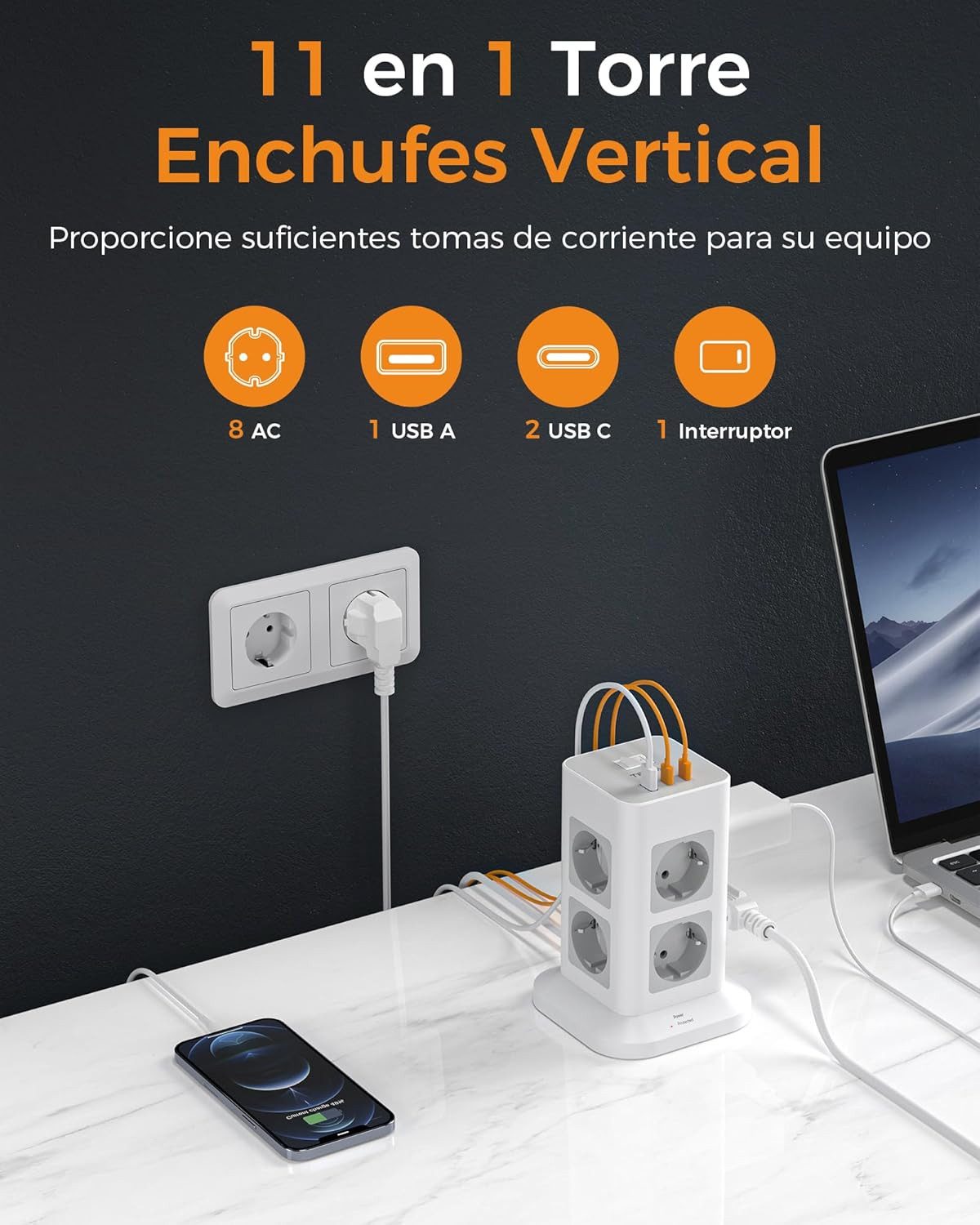 TESSAN Steckdosenleiste Steckerleiste Mehrfachsteckdose Strom 8 Fach 2M 3 USB Mehrfachsteckdose