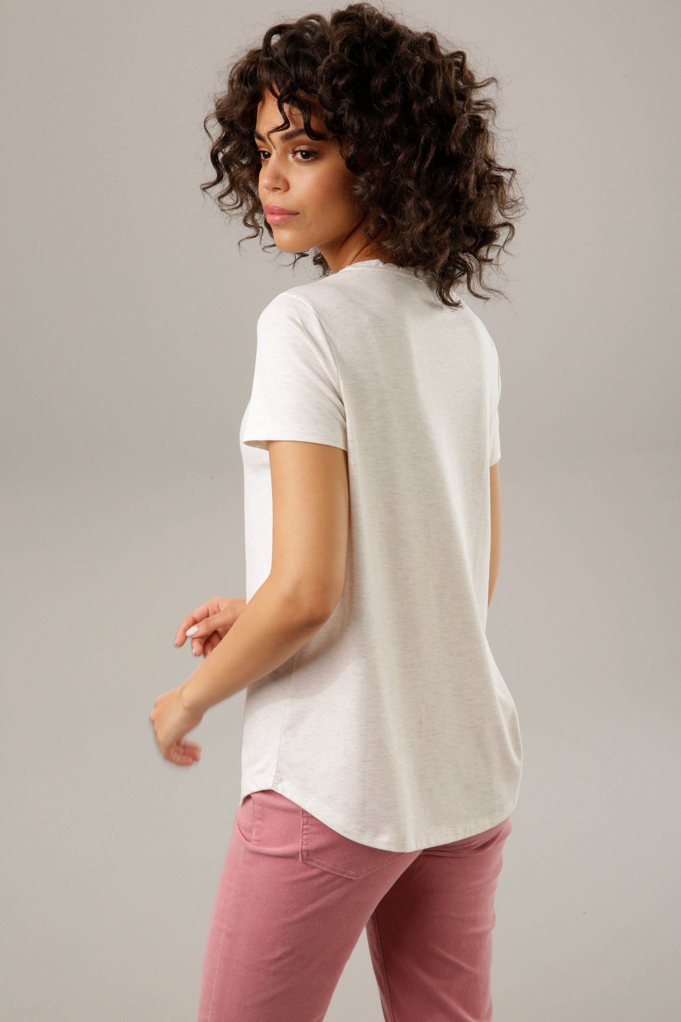 Aniston CASUAL T-Shirt mit Glitzer verziertem Frontdruck natur-dunkelbraun-weiß-rosa-goldfarben