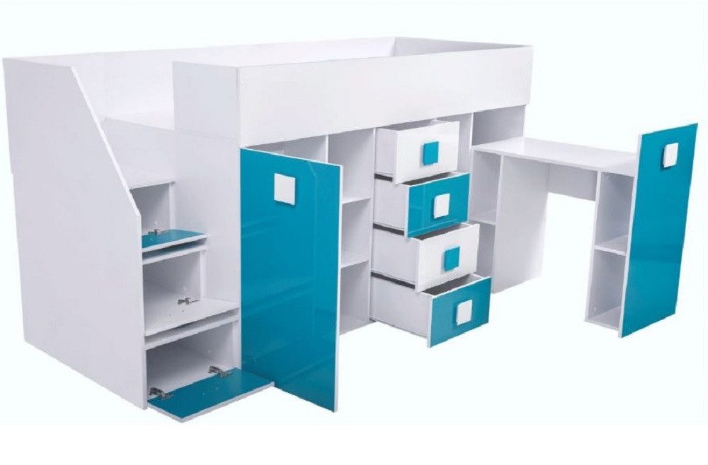 QMM TraumMöbel Hochbett TELLY 3 mit Treppe links (Möbelstück, 1-St., Bett mit Schrank, Schreibtisch, Schubladen, Regale, Treppe) ausziehbarer Schreibtisch mit weiteren Stauräumen