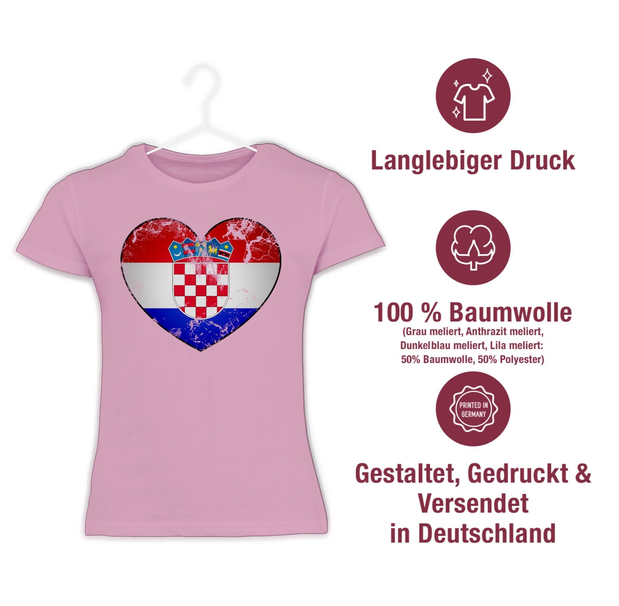 EM T-Shirt 2024 Herz Vintage Kroatien Rosa 1 Fussball Shirtracer Kinder
