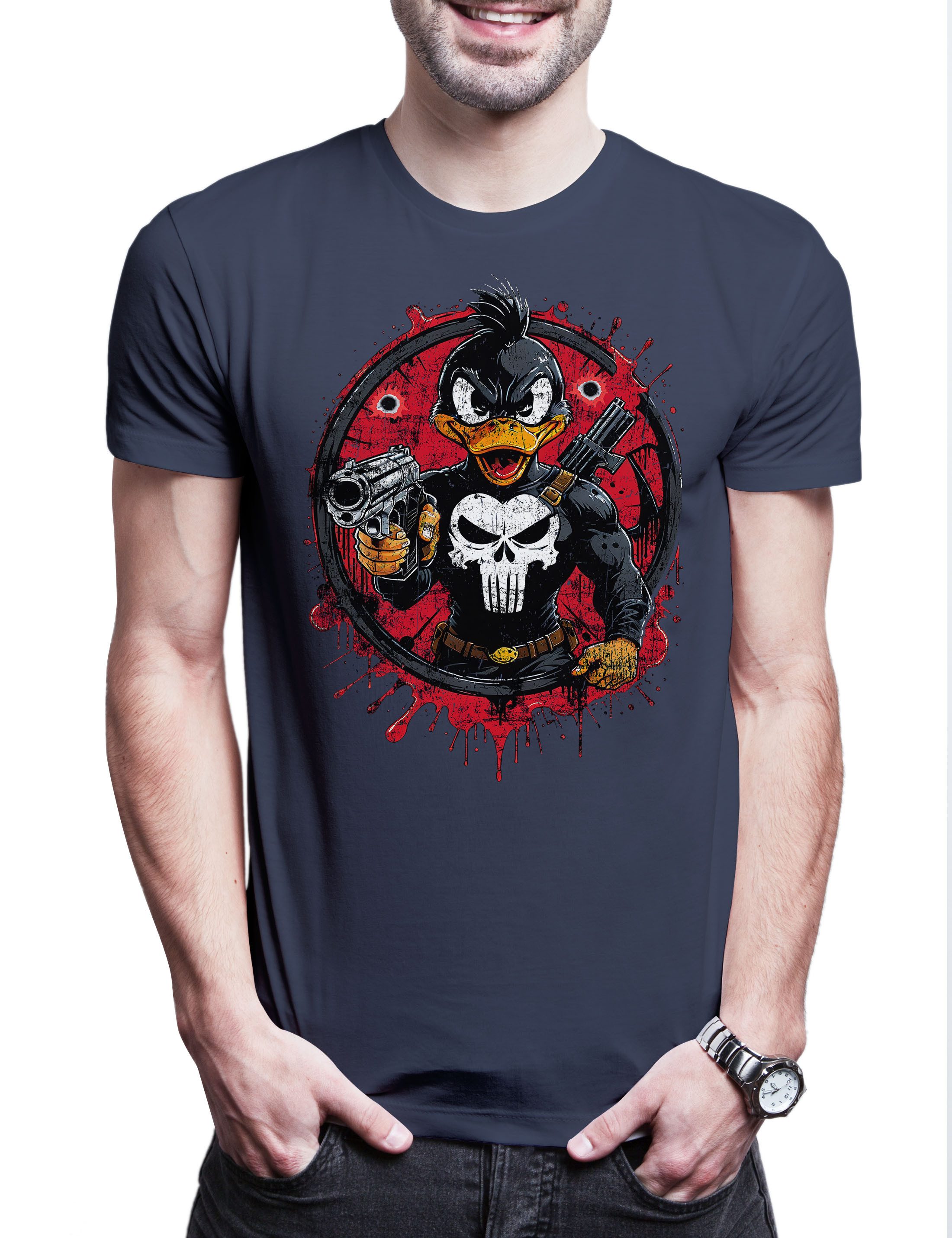 Print-Shirt Vigilante Duck Herren T-Shirt Skull Logo Toon Cartoon Comic Daffy