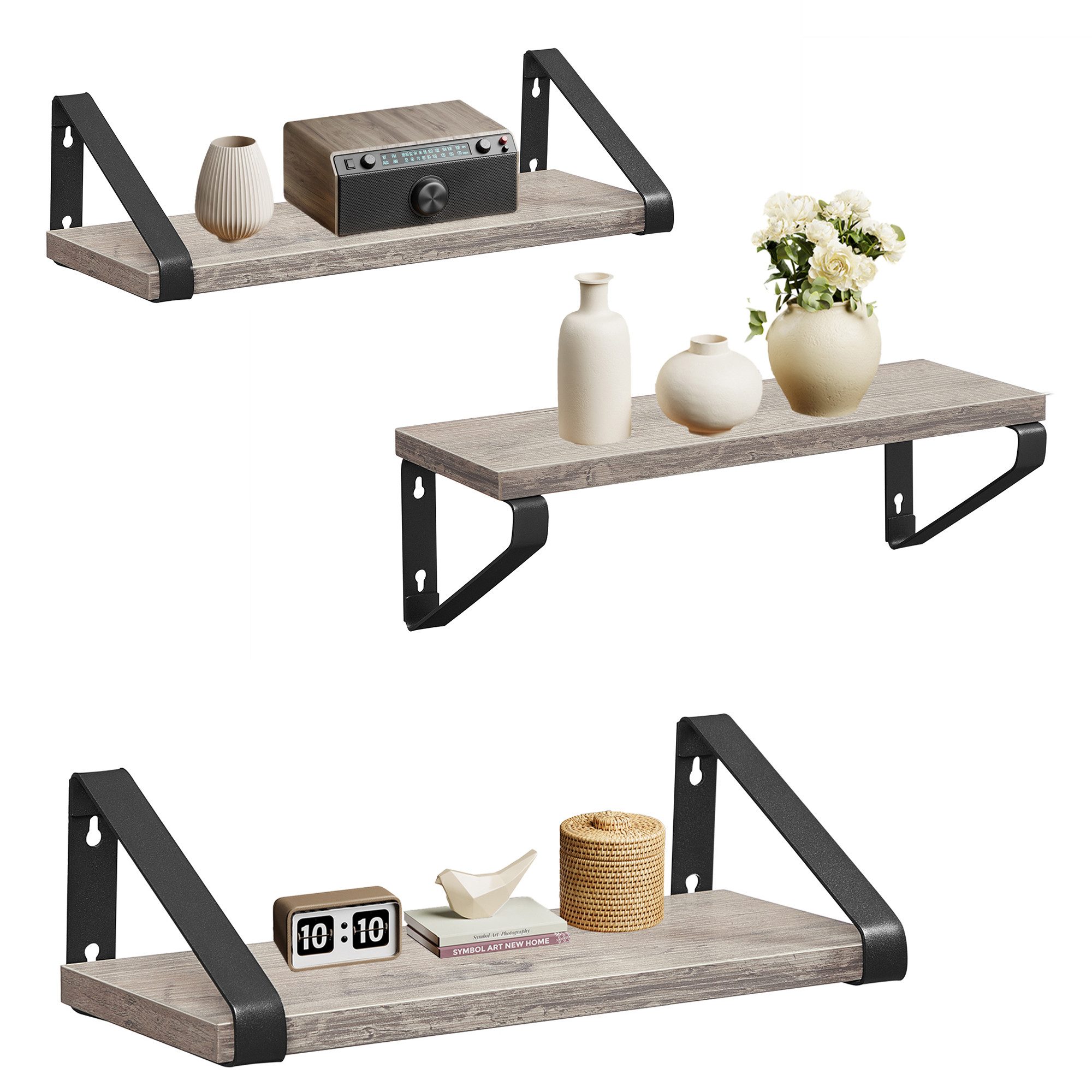 VASAGLE Wandregal Schweberegal, 3er Set, Regalbrett, 2 Montagemöglichkeiten, 3-tlg., 20/30/40 cm, für Wohnzimmer, Küche