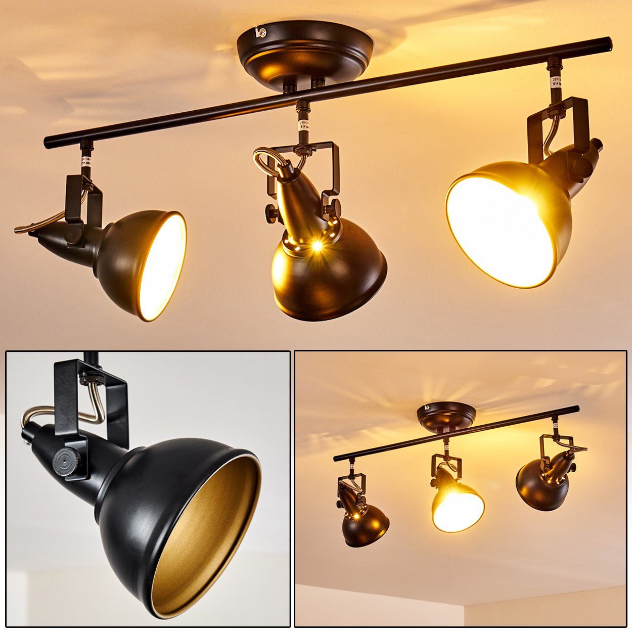 hofstein Deckenleuchte »Arazane« Deckenlampe aus Metall in Schwarz/Gold, ohne Leuchtmittel, mit verstellbaren Strahlern, 3xE14, Spot im Retro/Vintage Design