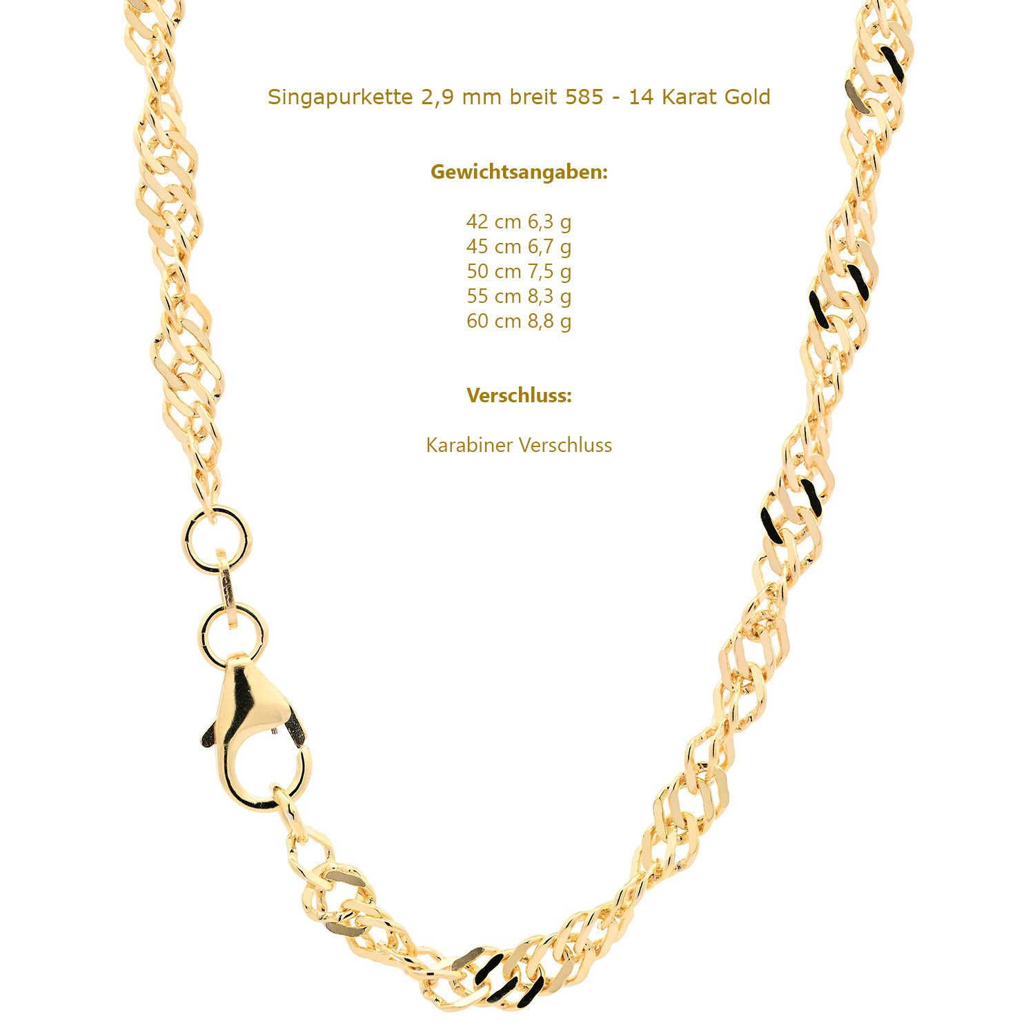 HOPLO Goldkette Goldkette Singapurkette Halskette Breite 2,9 mm 50 cm 333-8 Karat Gold, Made in Germany
