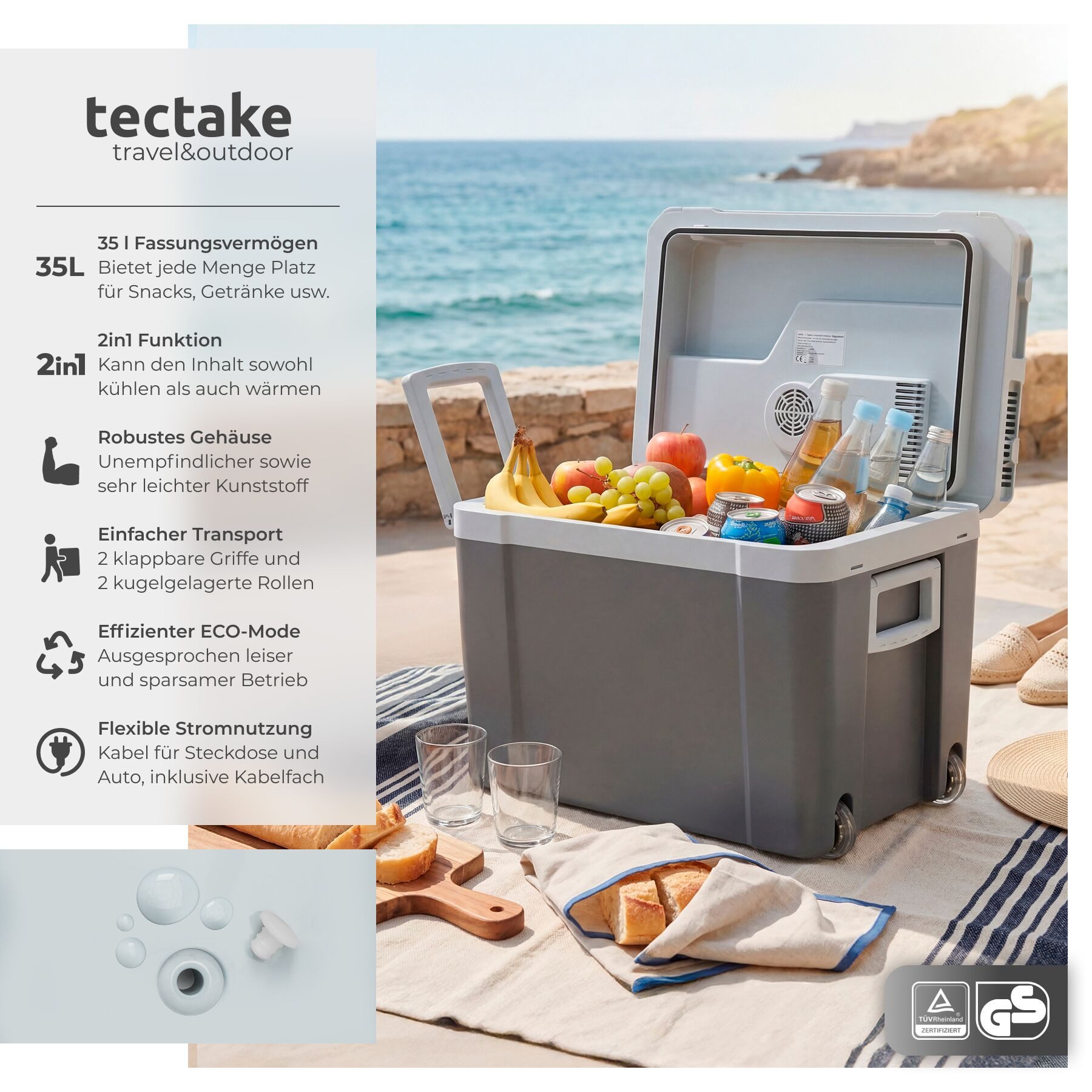 tectake Kühlschrank Kühlschrank, 40,00 cm hoch, 52.5 cm breit, mit Rollen, klappbare Tragegriffe, Steckdosen- und Autoanschluss