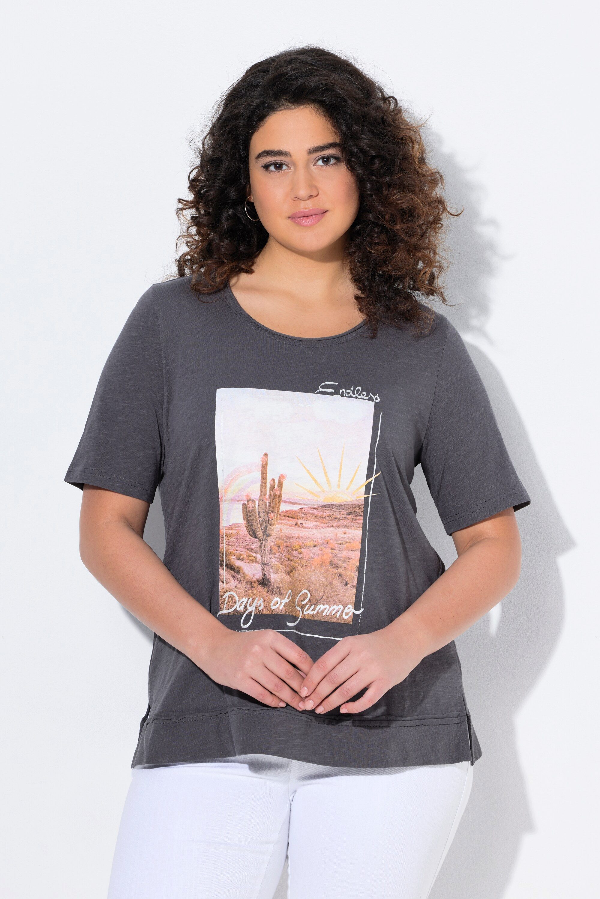 Ulla Popken T-Shirt T-Shirt Kaktus Classic Rollkanten Rundhals Halbarm günstig online kaufen