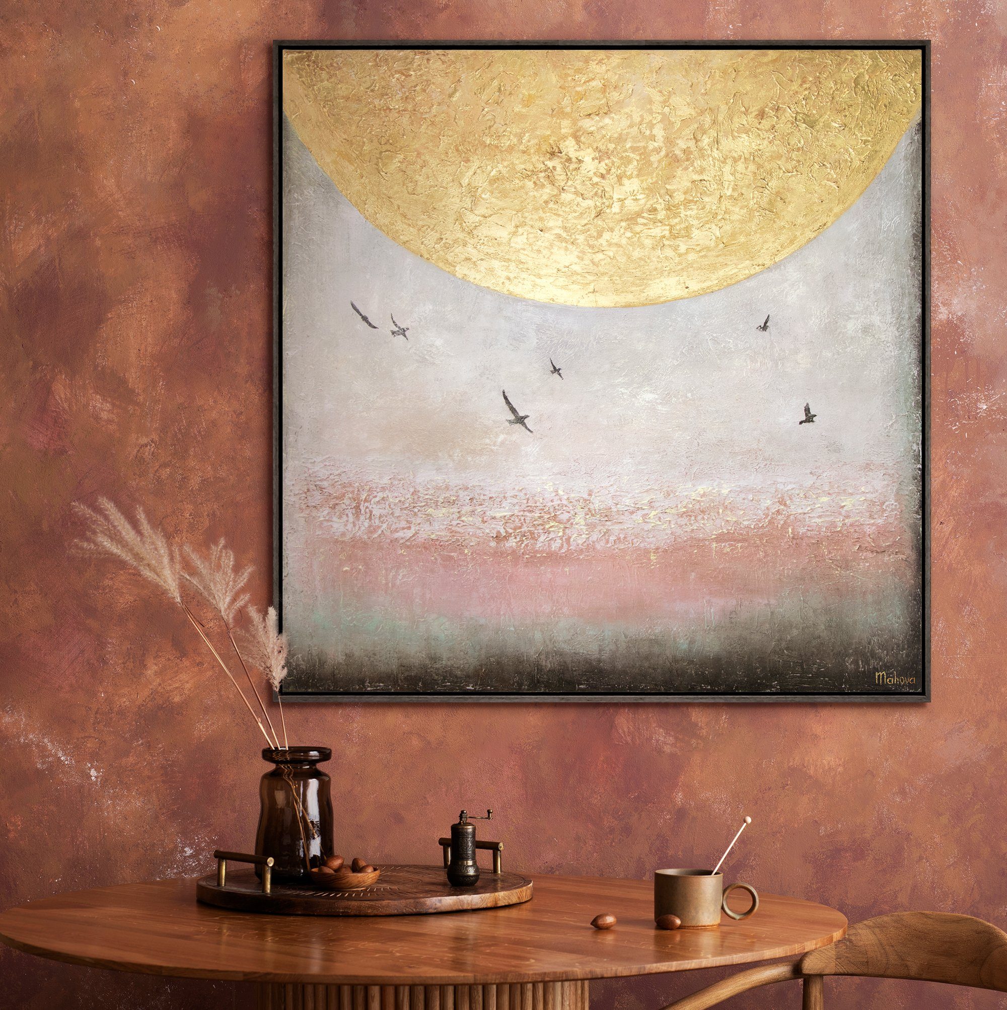 YS-Art Gemälde Sonnenenergie II, Handgemalt Goldene Sonne Grau Rahmen Abstrakt Vögel Leinwand Bild Mit in Landschaft