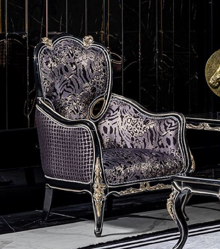 Casa Padrino Sessel Luxus Barock Wohnzimmer Sessel Lila / Schwarz / Gold    Handgefertigter Barockstil Sessel mit elegantem Muster   Barock Wohnzimmer  ...