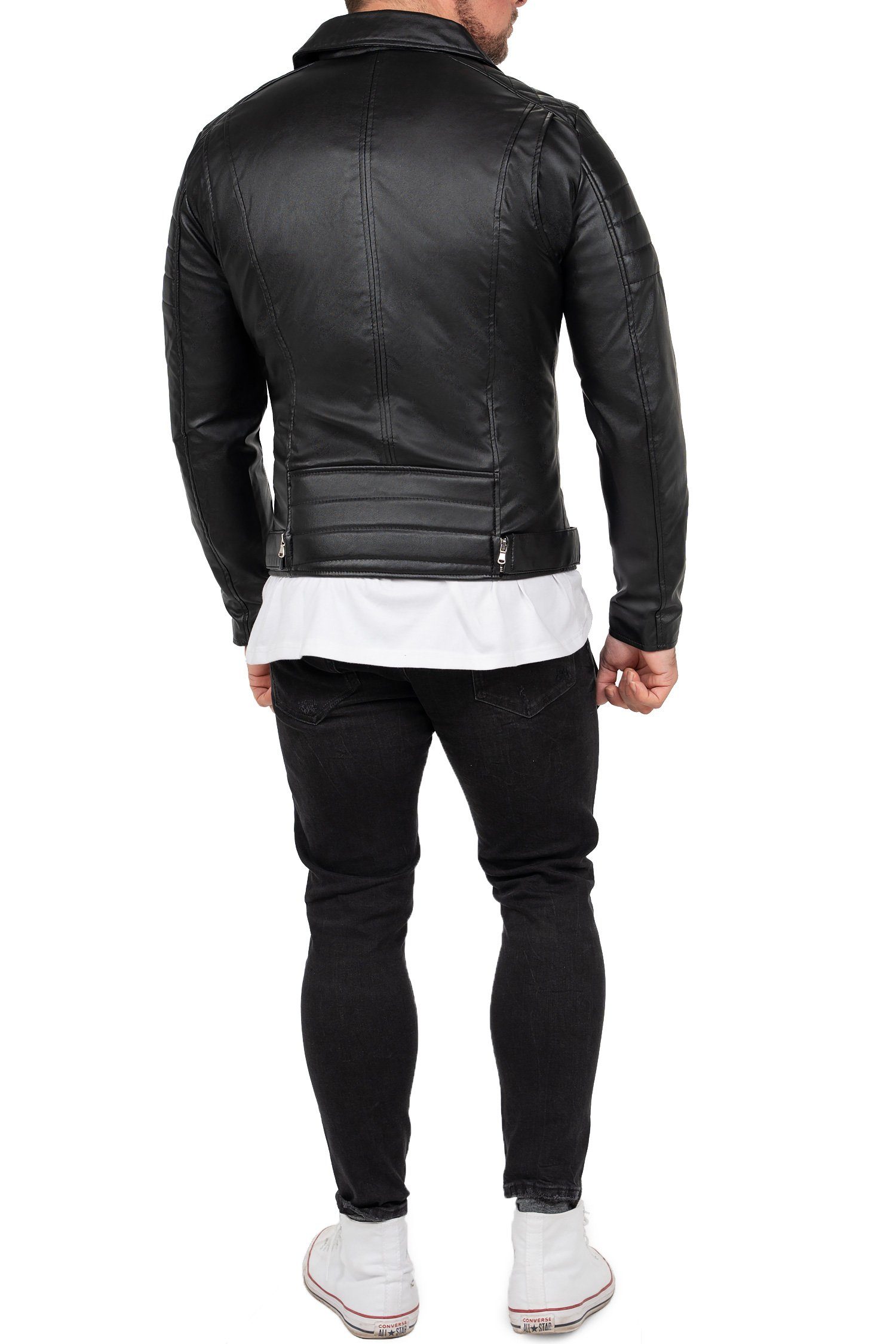 Reichstadt Bikerjacke Herren Slim Fit Lederjacke Silver Zipper RS003PU mit Gürtel und Steppmustern – Bild 4 von 5
