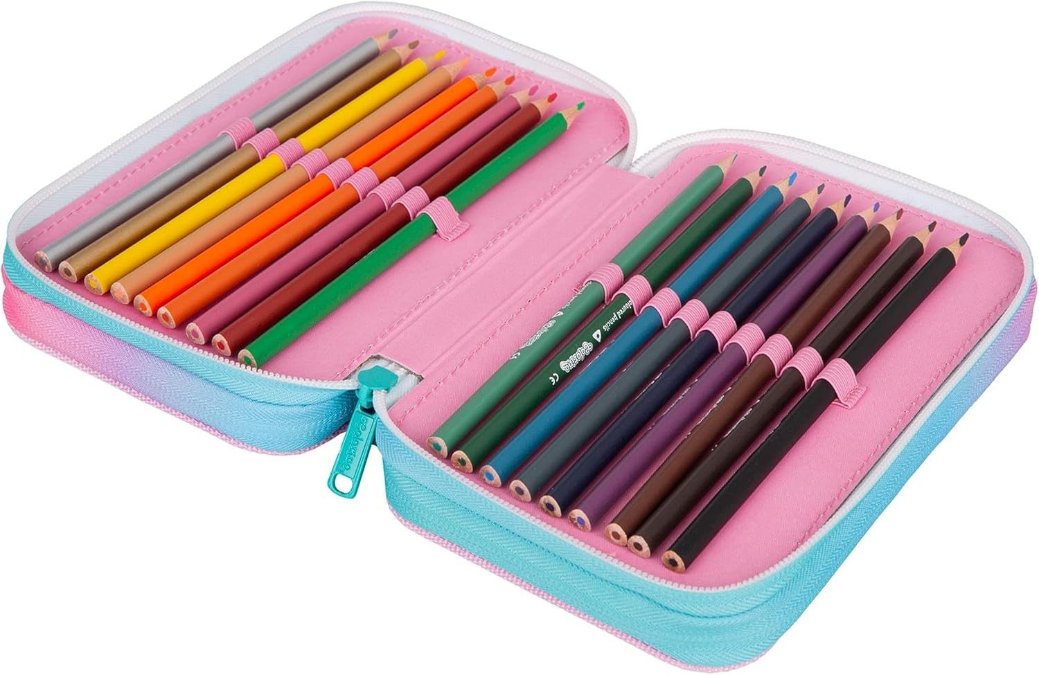 GOLDKIDS Federmäppchen 3-fache Federmappe Colorino Unicorn Einhorn Federmäppchen, (46-teilig gefüllte Schüleretui Stifte und Pinsel inkl., 1-tlg., Aufgabenheft Federbox Etui), Stiftetasche Schlamper-Etui Schul-Etui