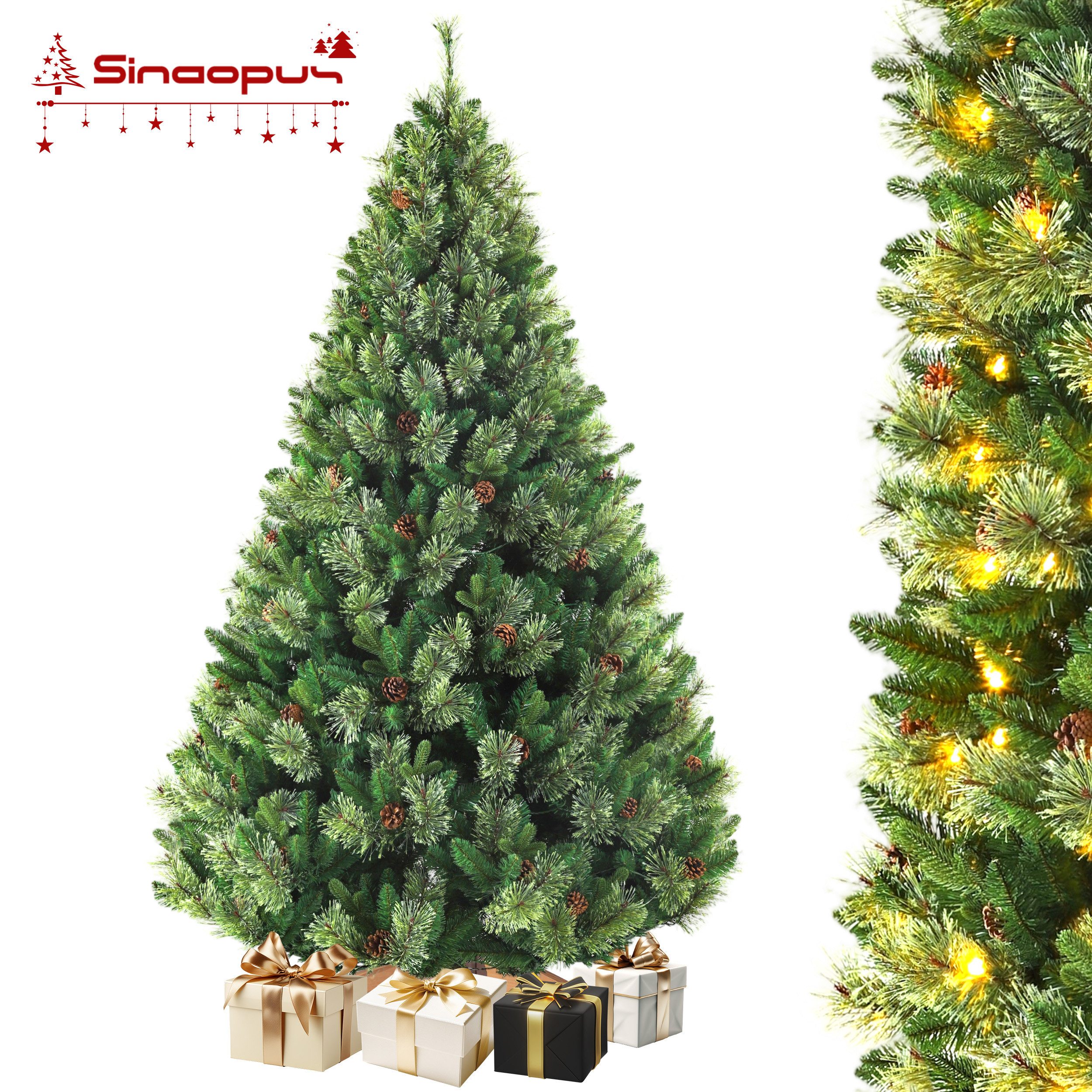 Sinaopus Künstlicher Weihnachtsbaum mit Beleuchtung, 180/210cm Weihnachtsbaum, aus naturgetreuem PVC + PE, Tannenbaum künstlich, Weihnachtsbaum Christbaum für Weihnachten-Dekoration, mit Tannenzapfen, Holzständer & Handschuhe, flammbeständig