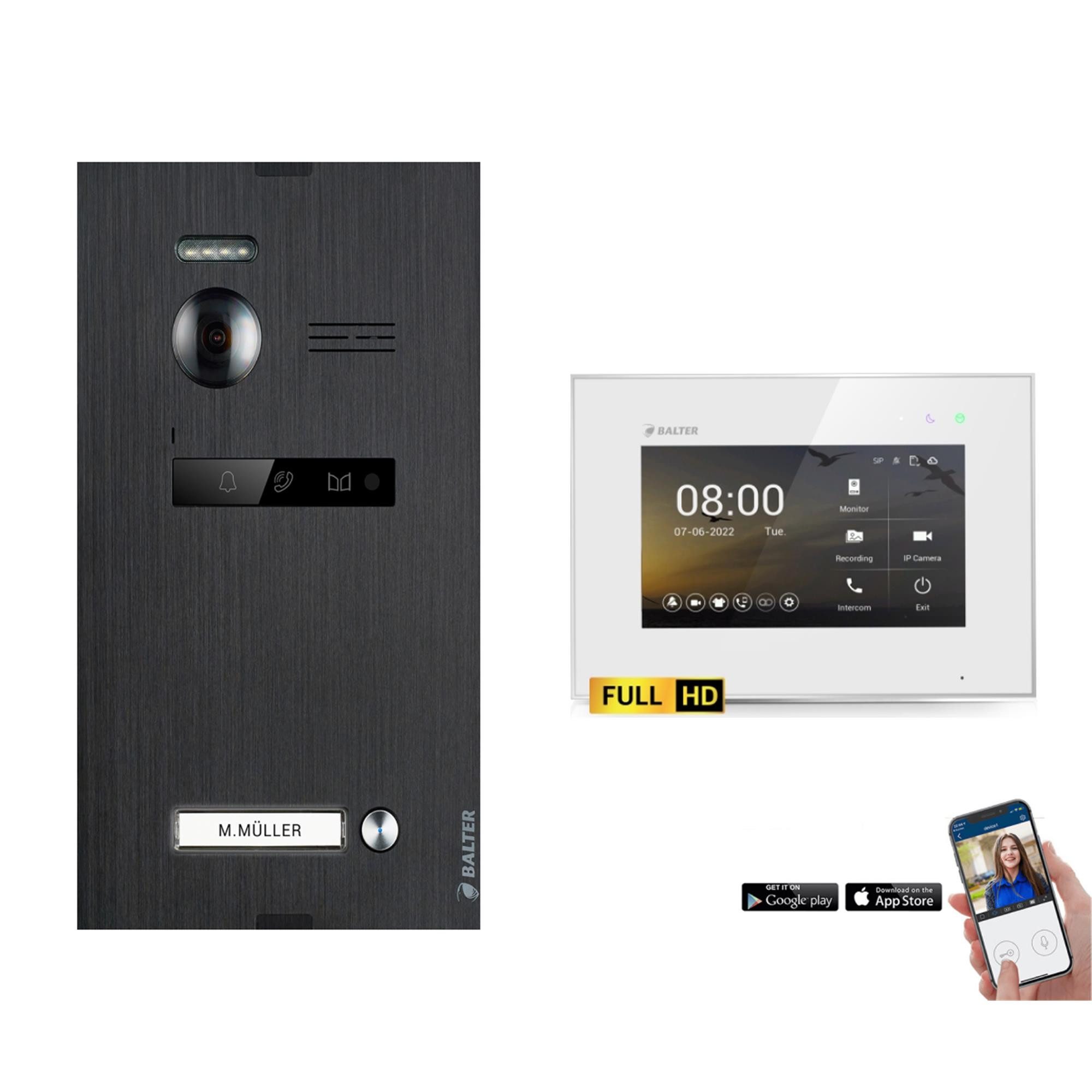 Balter Video-Türsprechanlage EVO-HD Komplettset 1-Familie Schwarz 1x 7" WLAN Monitor Weiß (Set, 1-Familienhaus, Komplettset, FullHD Kamera, mit App)