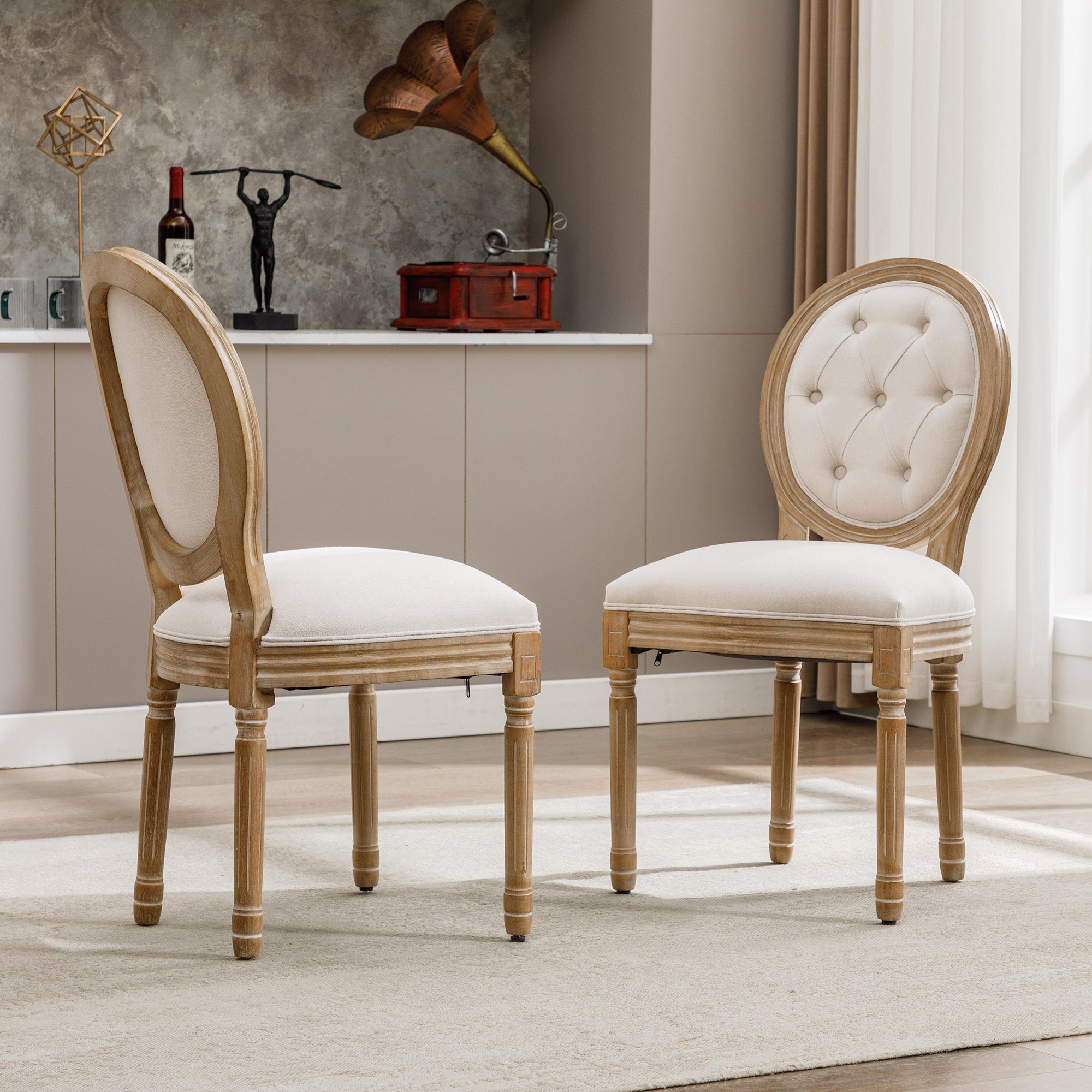 Merax Polsterstuhl mit runden Rückenlehnen und Beinen aus Gummiholz (2 St), Esszimmerstühle aus Leinen, Knopfdesign Medaillon Stuhl Creme Weiß | Creme Weiß
