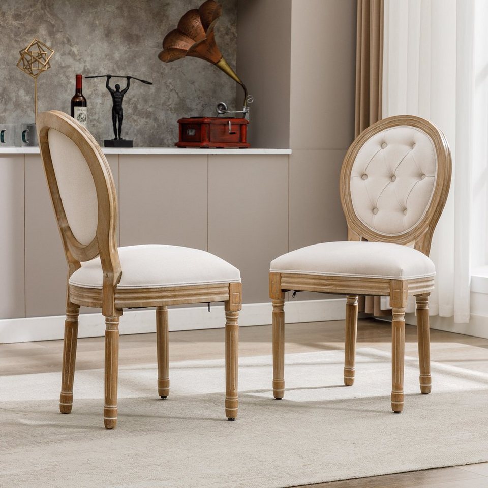 Merax Polsterstuhl mit runden Rückenlehnen und Beinen aus Gummiholz (2 St),  Esszimmerstühle aus Leinen, Knopfdesign Medaillon Stuhl