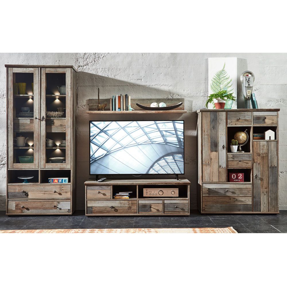 Lomadox Wohnwand BRANSON-36, inkl. LED-Beleuchtung Vintage Driftwood Braun, B/H/T ca. 342/188/52 cm