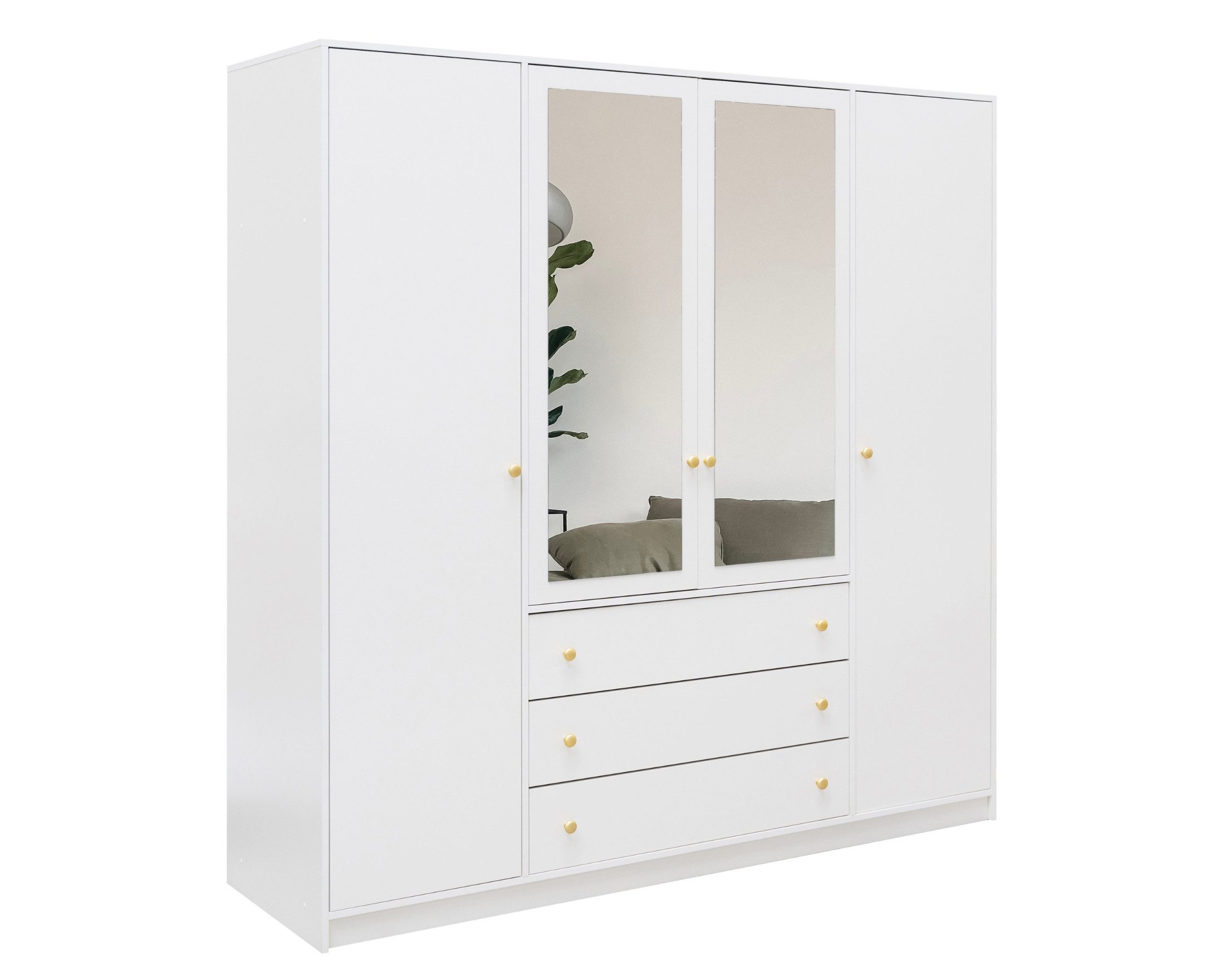 Deine Möbel 24 Kleiderschrank SEATTLE D4 Kleiderschrank mit Schubladen mit 4 Drehtüren 3 Schubladen (Set, 1-St., Kleiderschrank 4-türig Weiß Matt Schwarz Matt 200 cm) Garderobenschrank