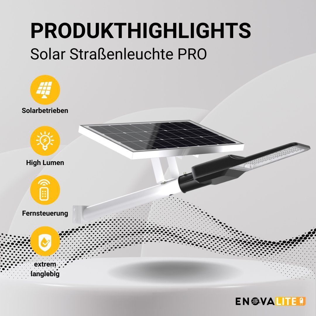 ENOVALITE LED Solarleuchte Solar-Straßenleuchte PRO, 40W PV, 5200lm, 6500K, IP65, LED fest integriert, Tageslichtweiß, kaltweiß, Wand- & Mastmontage, steuerbar mit Fernbedienung