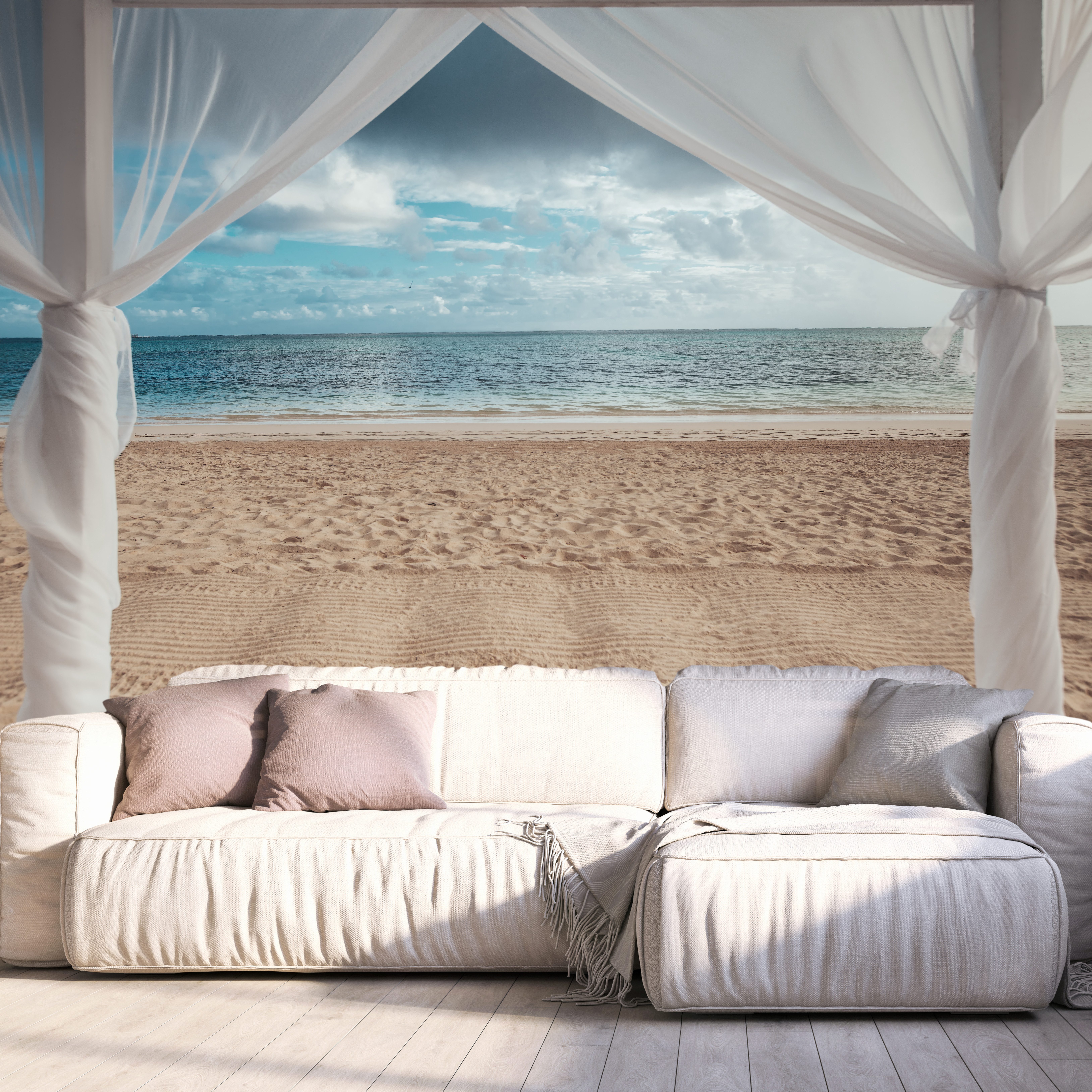 queence Fototapete Pergola am Meer, glatt, Meer, Motiv, Strand, bedruckt, orientalisch, realistisch, (4 St), Wandpaneele, selbstklebend, Tapete, Sticker, Wanddeko, XXL-Fotomotiv