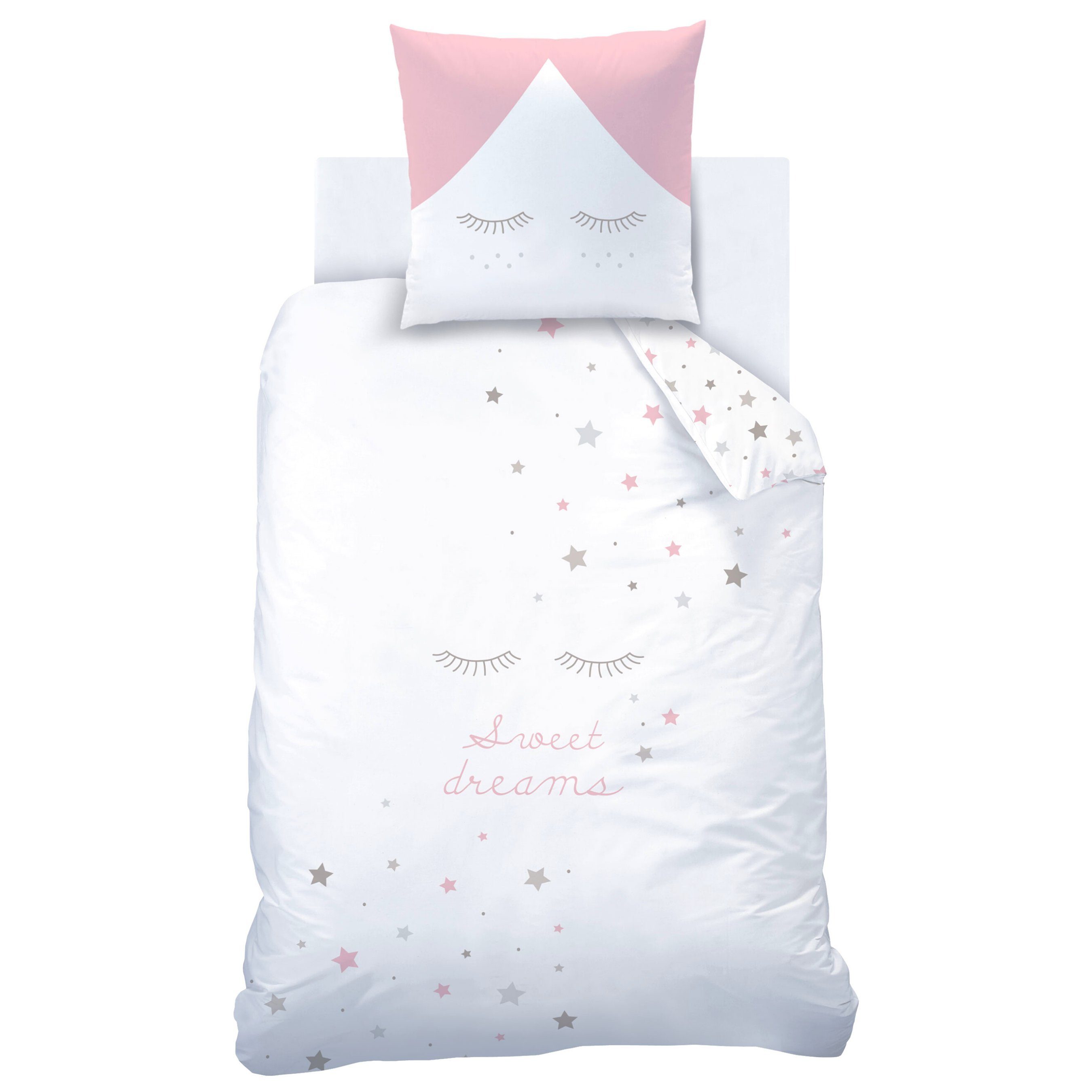MTOnlinehandel Bettwäsche Sweet Dreams 135x200 + 80x80 cm, 100 % Baumwolle, Renforcé, 2 teilig, Sterne, Wimpern Bettwäsche in rosa & grau für Kinder und Erwachsene