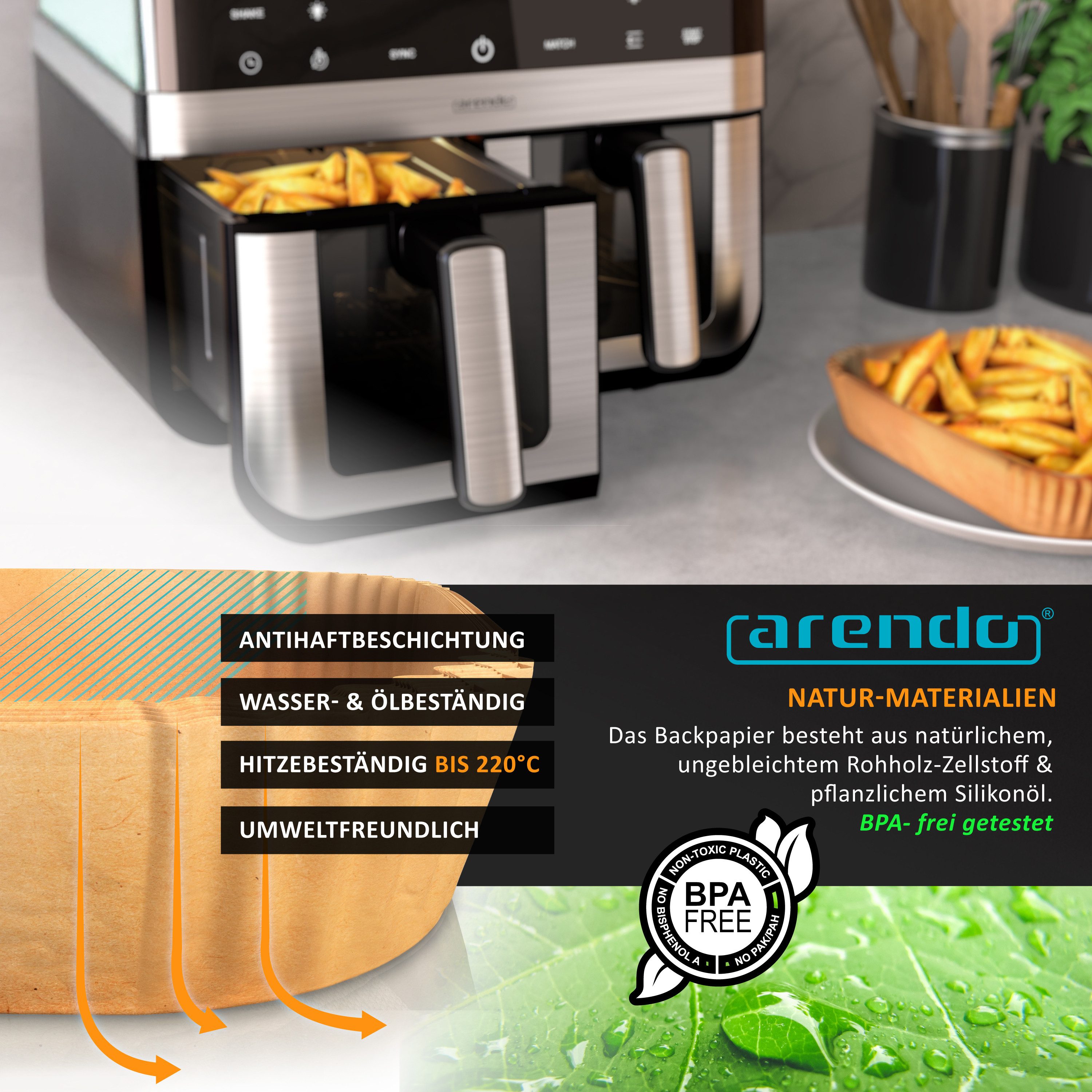 Arendo Backpapier für Heißluftfritteuse 4,5 - 10 L, 400 St., 22 x 14 x 4,5 cm, Antihaft, ungebleicht, wasser- und ölbeständig, für Airfryer, Ofen, Mikrowelle – Bild 5 von 5