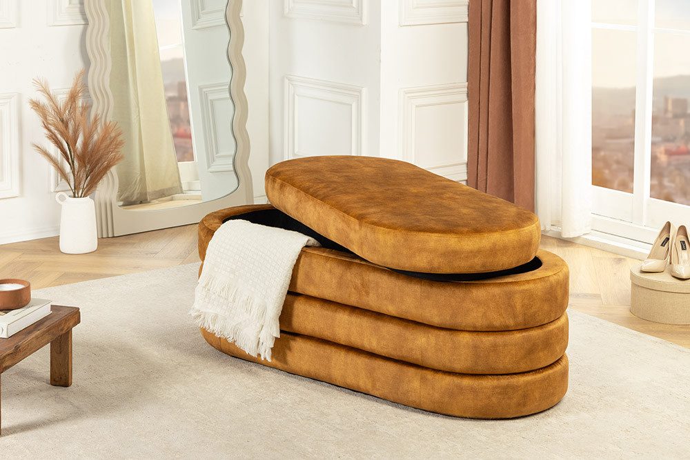 riess-ambiente Sitzbank VOGUE 115cm senfgelb - Samt, mit Stauraum, fertig montiert, gepolstert (Einzelartikel, 1-St), stilvolle Polsterbank - ideal für glamouröse Schlafzimmer & Ankleiden