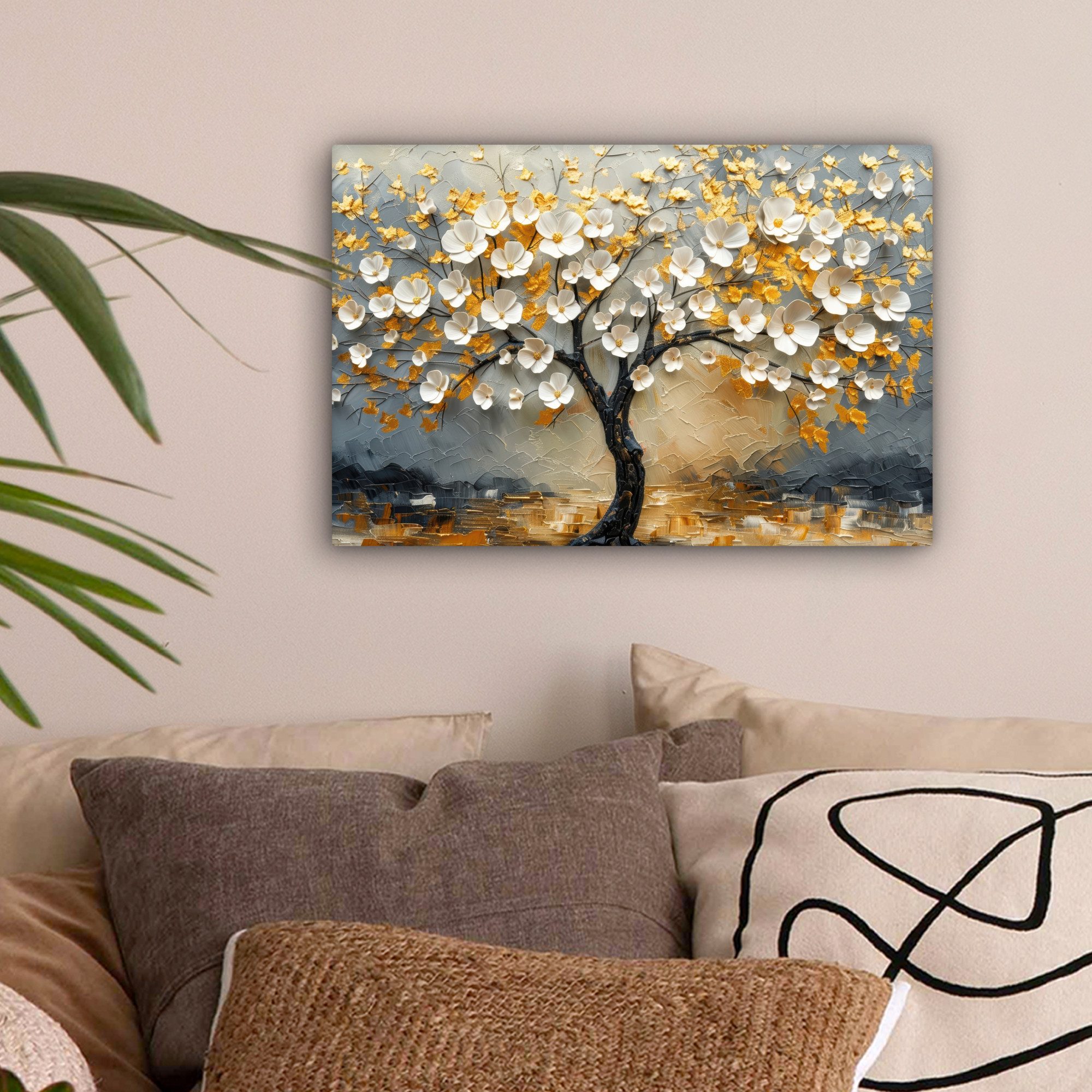 OneMillionCanvasses® Leinwandbild Baum - Blumen - Gold - Beige, Fotodruck ( günstig online kaufen