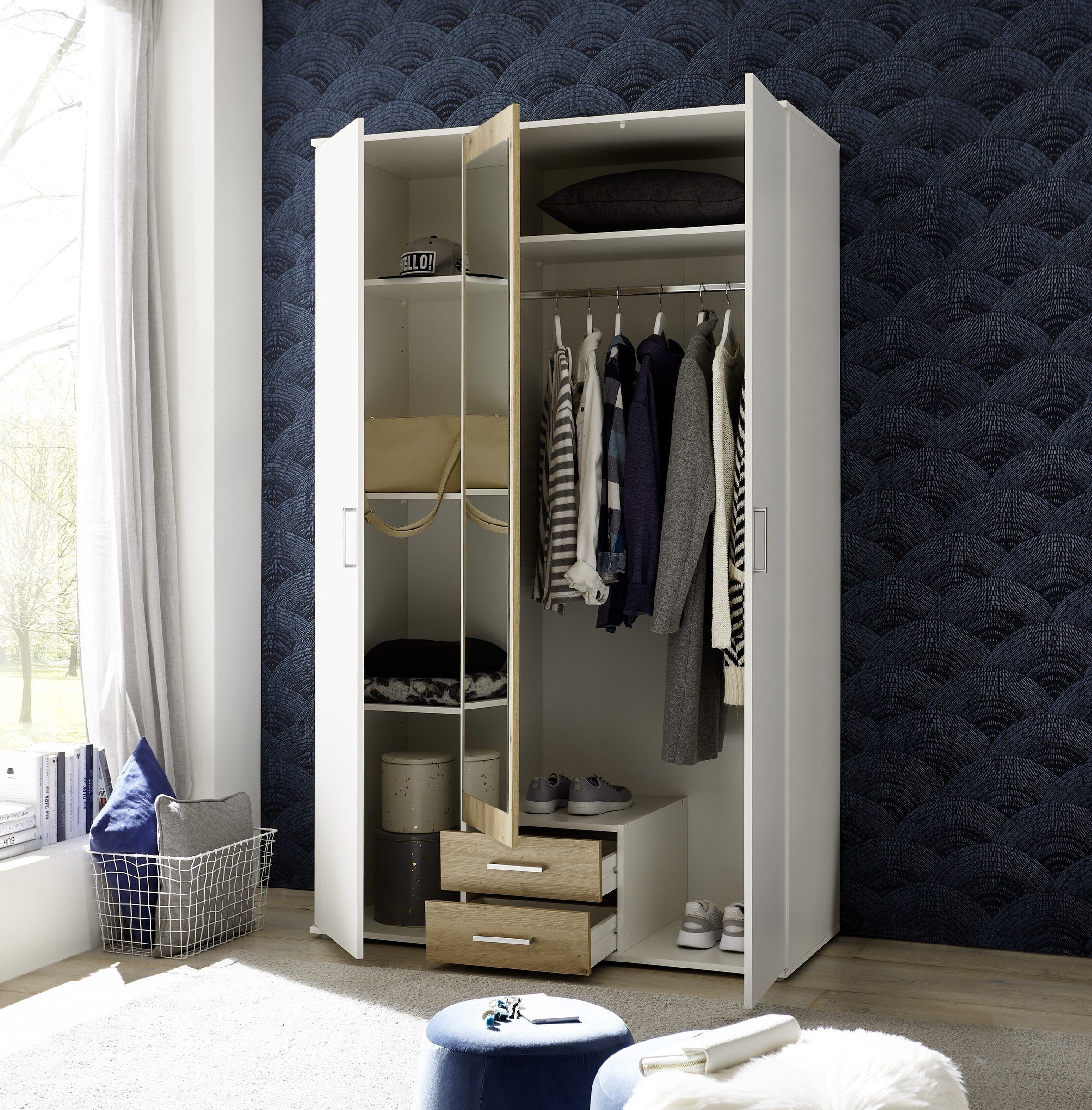 möbelando Kleiderschrank Hanau in Weiß / Artisan Eiche mit 2 Schubladen und 3 Türen