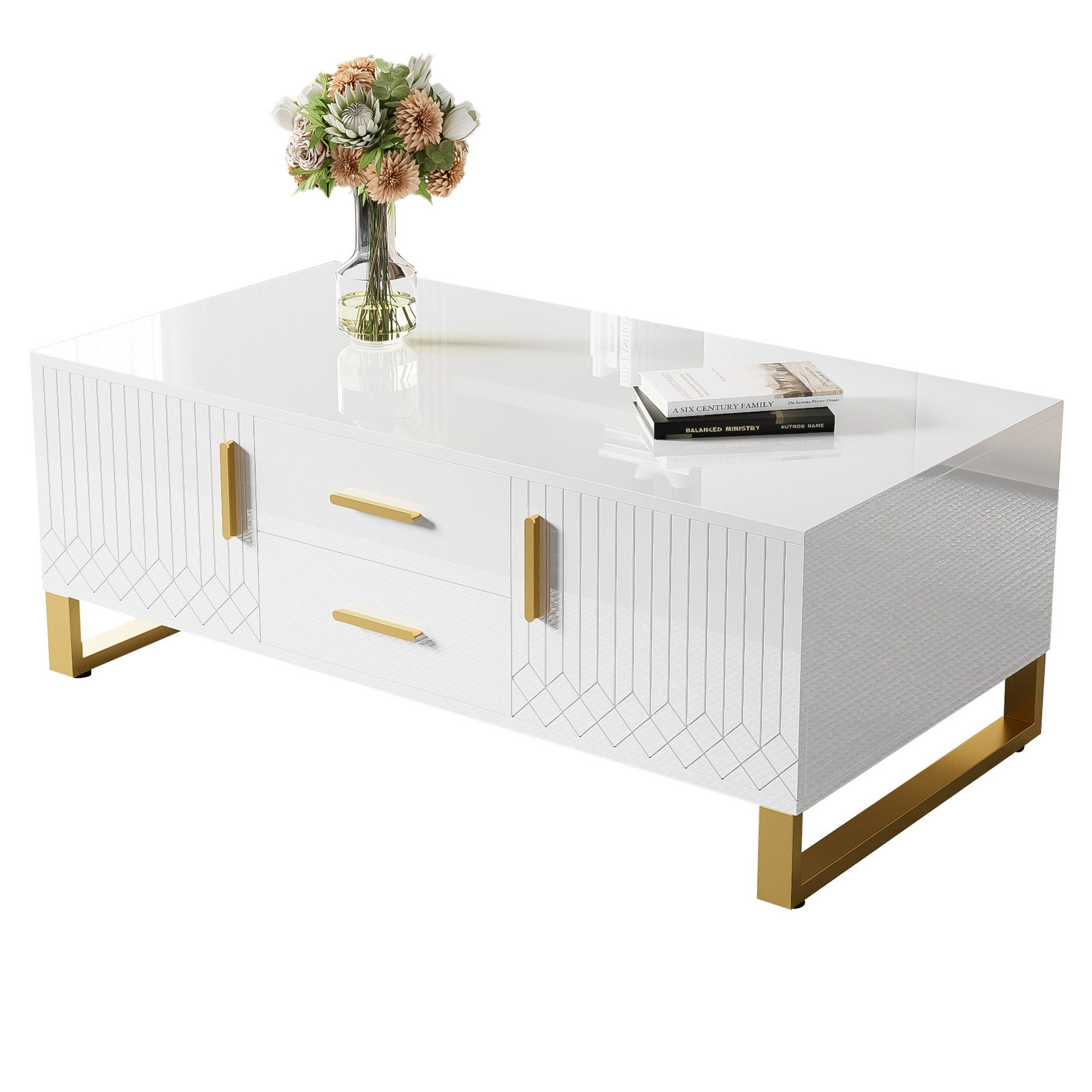 Merax Couchtisch mit Schubladen und Nische, Beistelltisch hochglanz mit Tür günstig online kaufen