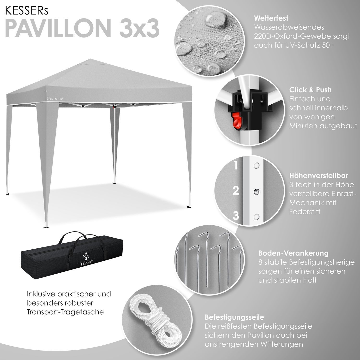 KESSER Pavillon, Pavillon 3x3m wasserdicht inkl. Tasche Pop-Up Klicksys