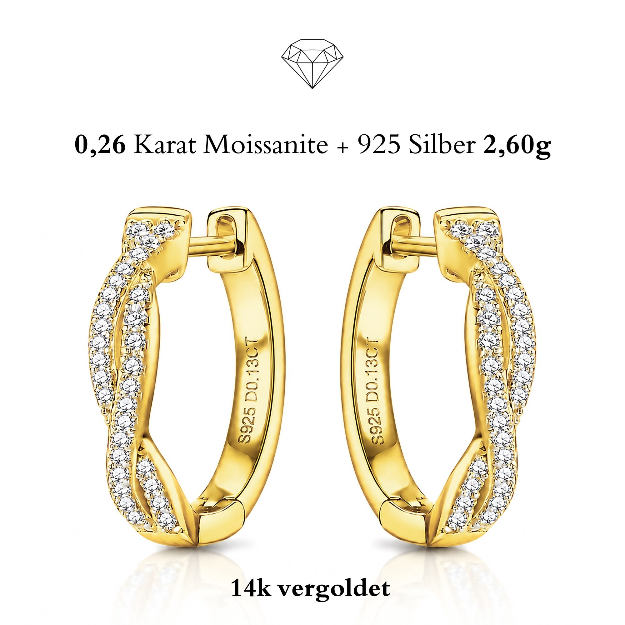 UNIQAL.de Paar Creolen Creolen Damen INFINIA – Moissanit Ohrringe aus 925 Sterling Silber (vergoldete Ausführung mit exklusiver Moissanit-Brillanz, inkl. Schmuckbox & Echtheitszertifikat), Premium-Qualität, hautverträgliche Materialien und langlebig