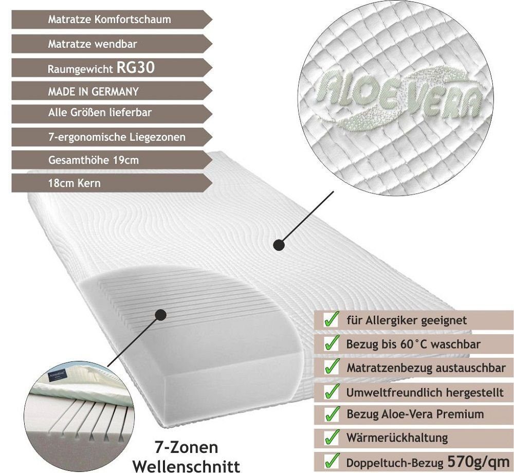 Jugendmatratze KOMFORT 90x200cm, Höhe 17cm, 7-Zonen, Raumgewicht 30, Bezug Komfort, Alsterdüne, 17 cm hoch