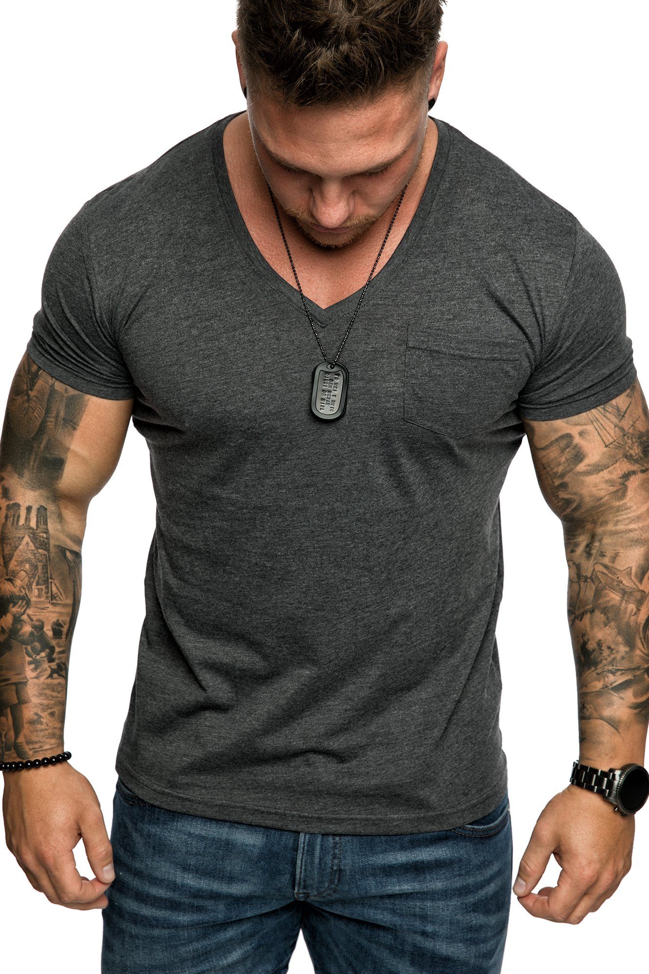 Amaci&Sons T-Shirt PATERSON Basic Oversize T-Shirt mit V-Ausschnitt Herren Vintage Basic Shirt mit V-Ausschnitt und Brusttasche