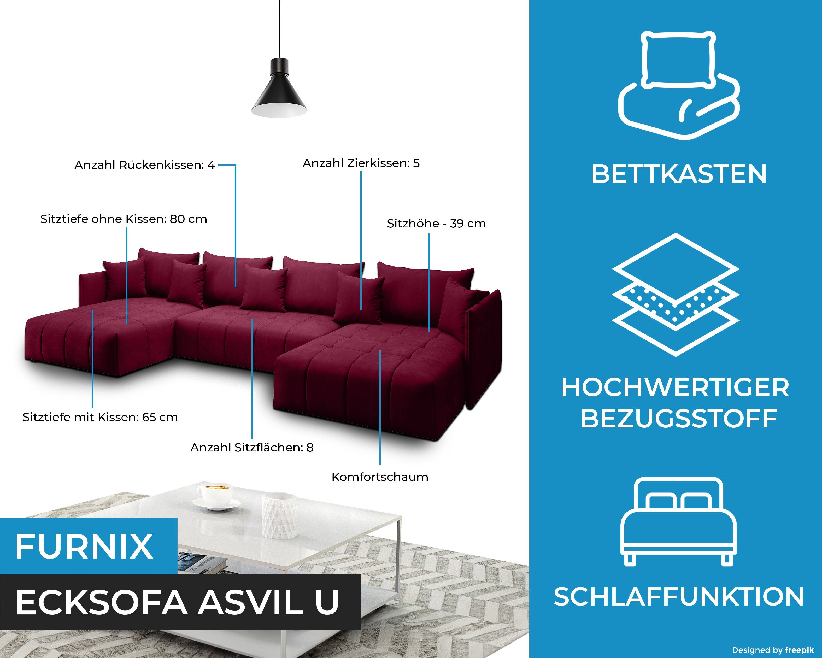 x Furnix Ecksofa U-Form-Sofa Farbauswahl, cm, Bettkasten, Made Schlaffunktion mit T180 Rot und Europe in x ASVIL MH59 B353 H80